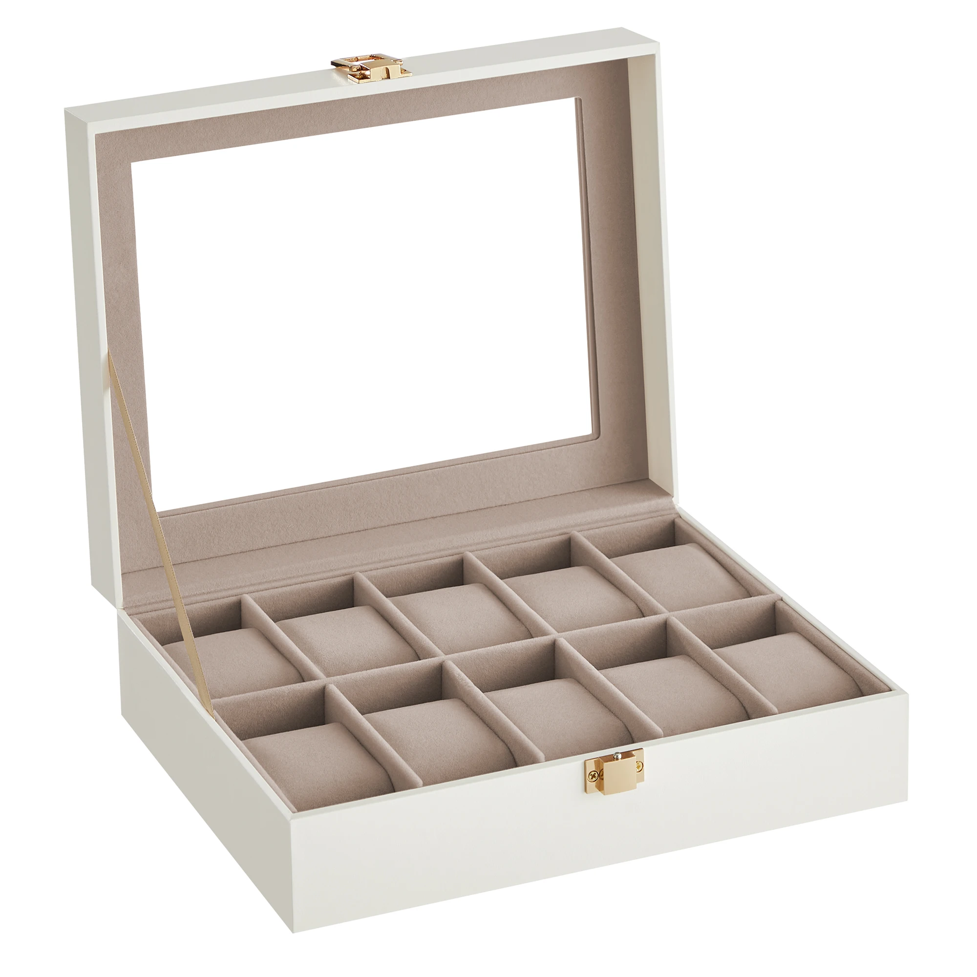SONGMICS Caja de Relojes con 10 Compartimentos, Estuche de Relojes con Tapa de Cristal, Cojín Extraíble, Cierre Metálico, Regalo, Cuero Sintético Blanco Nube y Forro Beige Capuchino/Cuero Sintético