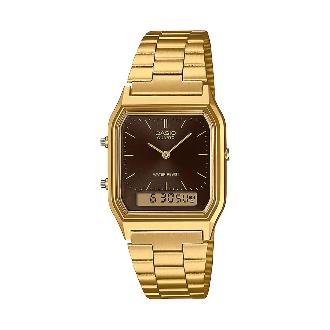 Reloj Casio Retro Vintage Edgy Collection Hombre – Dorado, Analógico-Digital, Esfera Marrón Choclate, Estilo Único y Moderno AQ-230GA-5AMQY