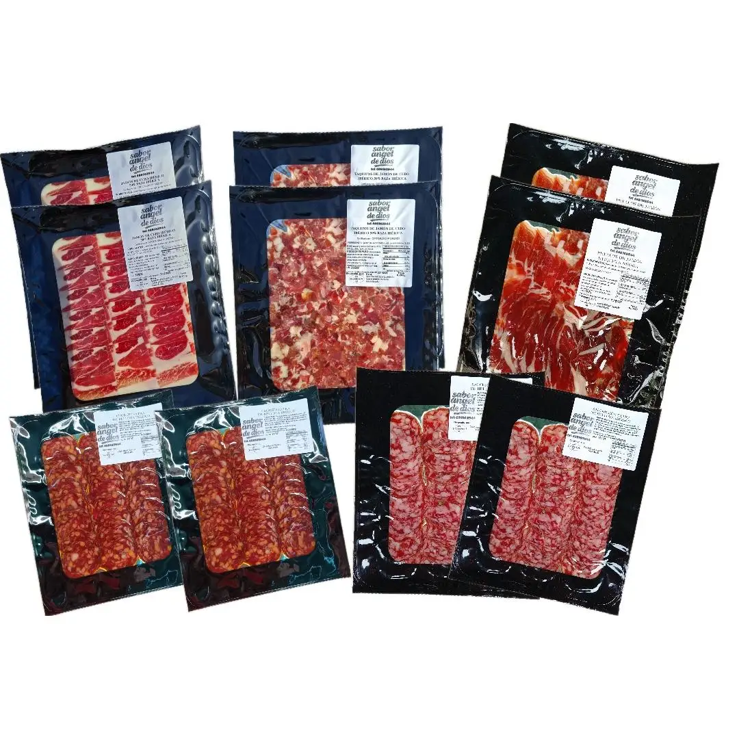 LOTE DE EMBUTIDO IBERICO - JAMON ( LONCHAS, TAQUITOS Y PETALOS ) CHORIZO Y SALCHICHON - SABOR ANGEL DE DIOS - TOTAL 1,3kg.