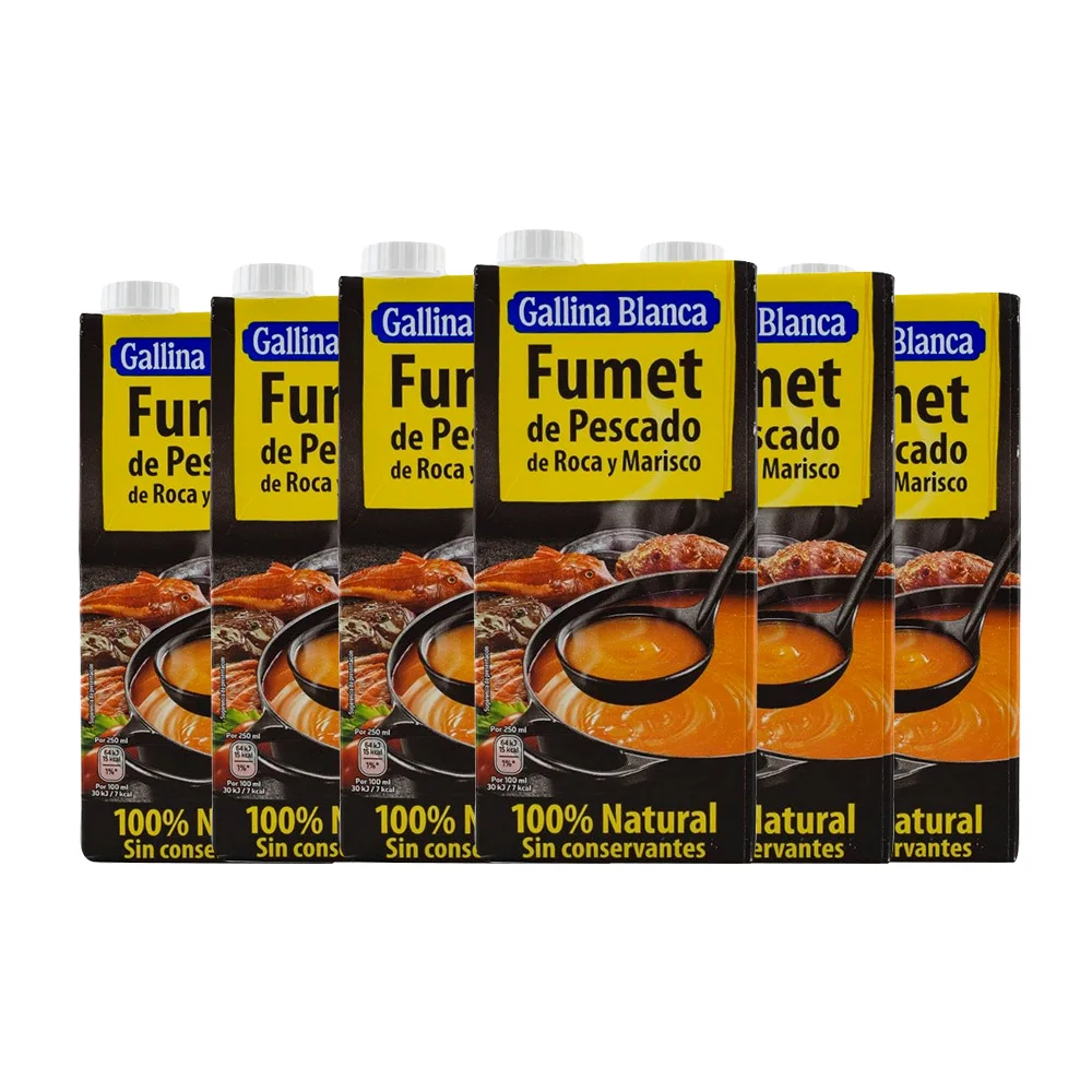 Fumet de Pescado de Roca y Marisco Gallina Blanca 1L | Pack 6 Bricks | Caldo Concentrado para Paellas, Arroces y Sopas | Sabor Intenso del Mar