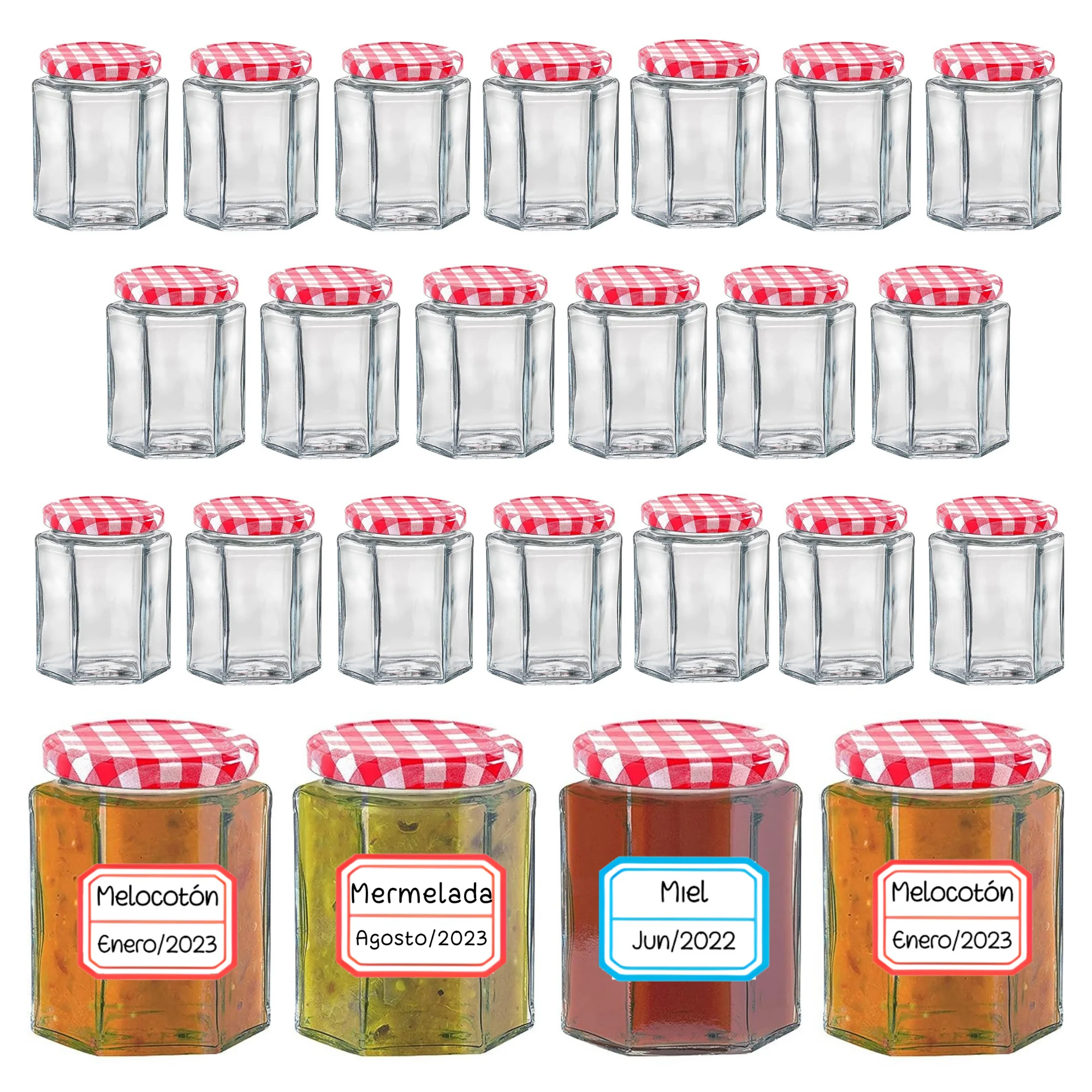 MundoTarros-hexagonal glass jars with airtight lid of 95ml-includes labels-suitable for dishwashers-resistant jars ideal for jams, honey, spices, creams...
