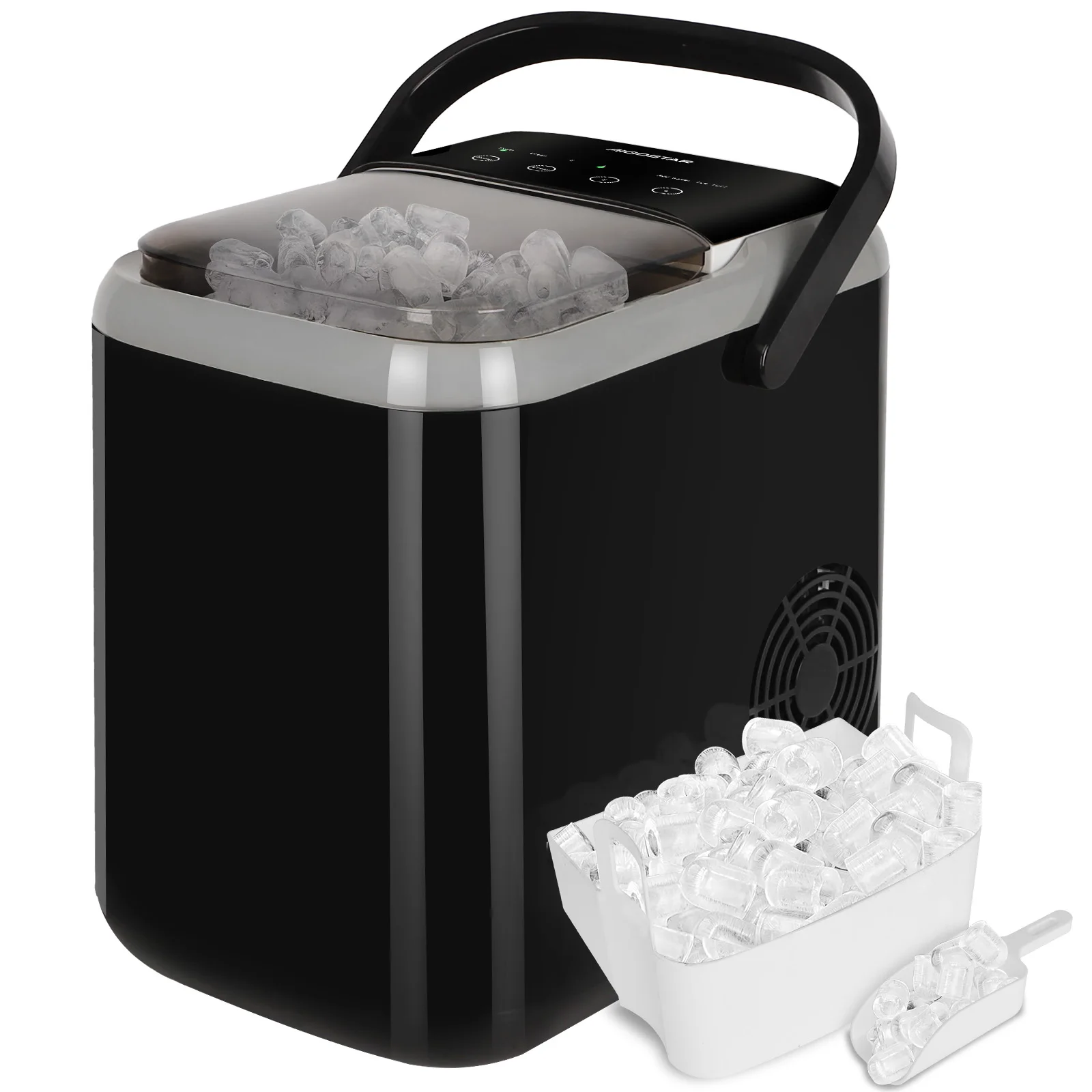 AIGOSTAR Maquina de Hielo, Maquina de Hacer Hielo Autolimpiable, 14Kg/24H, 2 Tamaños de Hielo, 9 Cubitos Listos en 6 Minutos, con Asa, Pala para Hielo y Cesta, Ideal Para Inicio/Cocina/Oficina/Bar, Negro