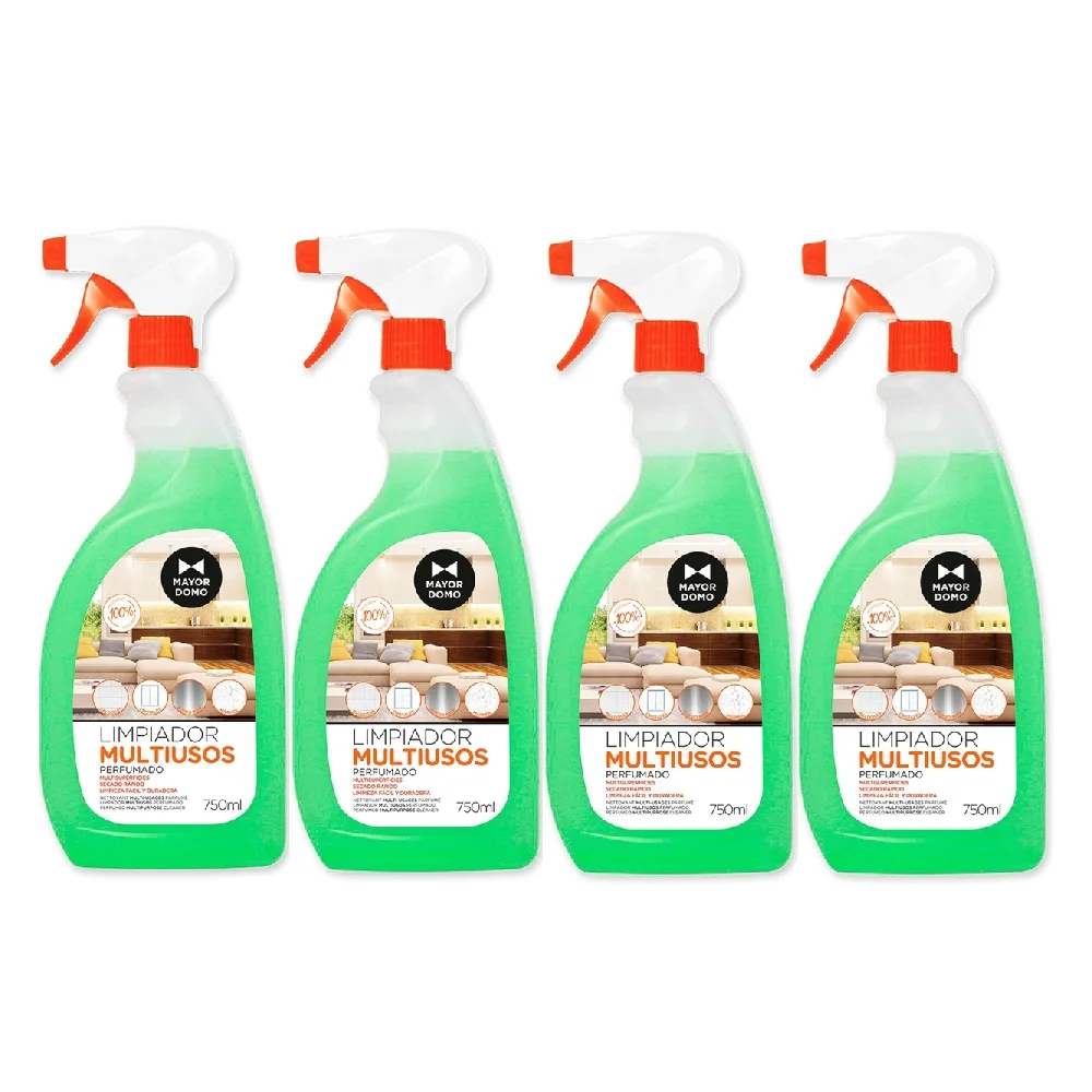 Mayordomo Spray Limpiador Multiusos de Superficies Perfumado 750ml (Pack 4 uds) - Limpiador Multisuperficies con Pistola Pulverizadora para Cristales, Azulejos, Baldosas, Marmol, Acero Inoxidable, Cerámica - pH neutro, con alcohol, agradable perfume