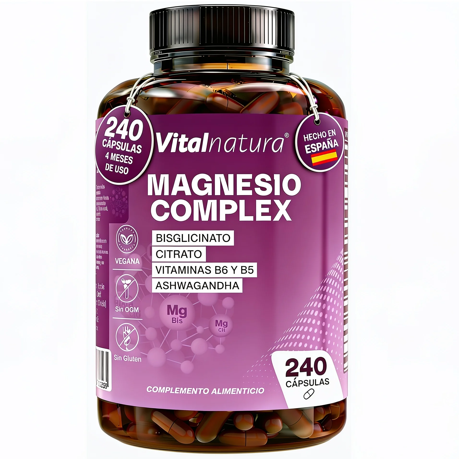 Magnesio Complex Vitalnatura con Bisglicinato, Citrato, Ashwagandha y Vitaminas B5 y B6