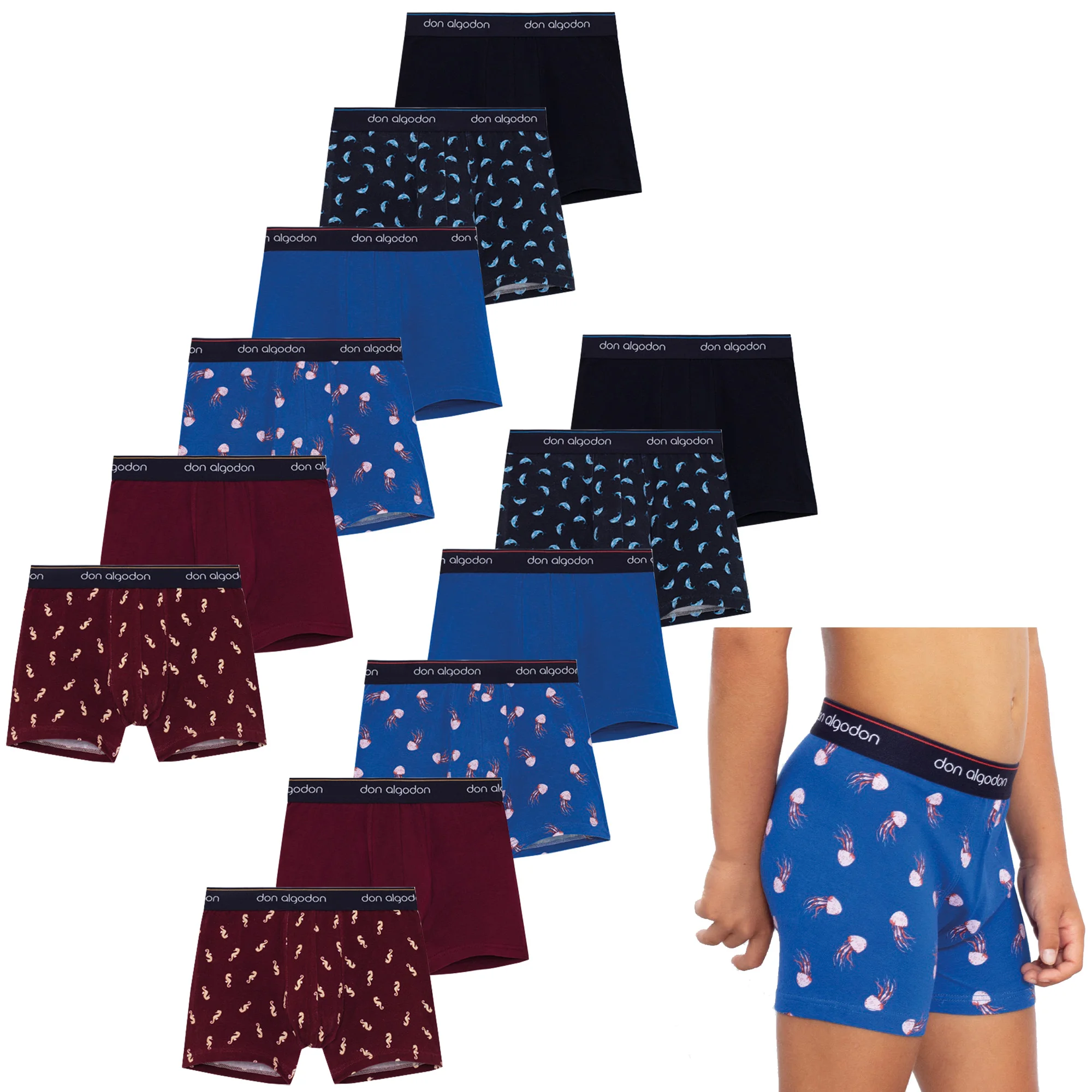 DON ALGODON  Pack 12 Boxers Niño Animales Calidad y suavidad excepcionales  2 Unidades Calzoncillos