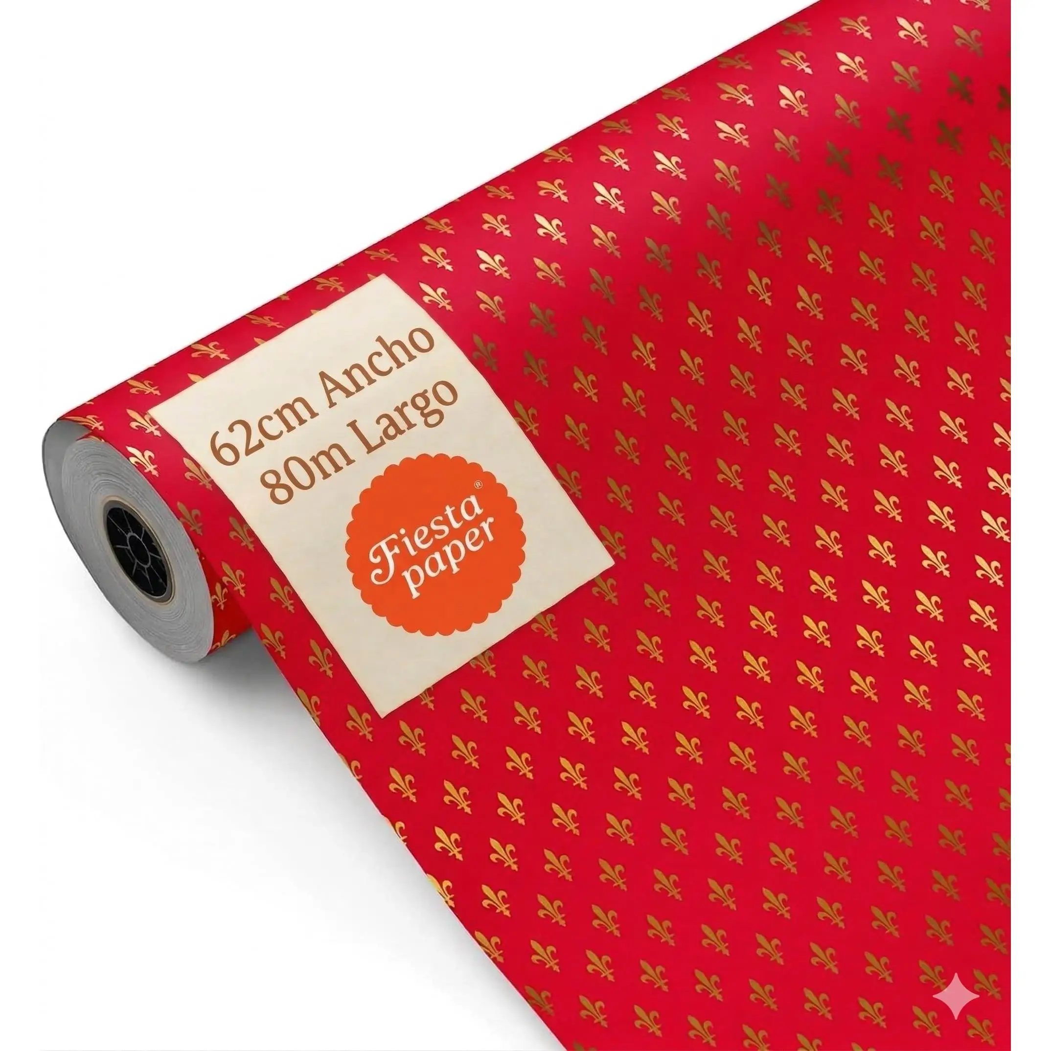 Bobina papel de regalo, rollo grande 62cm x 80m • Color Rojo modelo FLOR DE LIS • Ideal para: Tiendas Negocios Comercios FIESTA PAPER