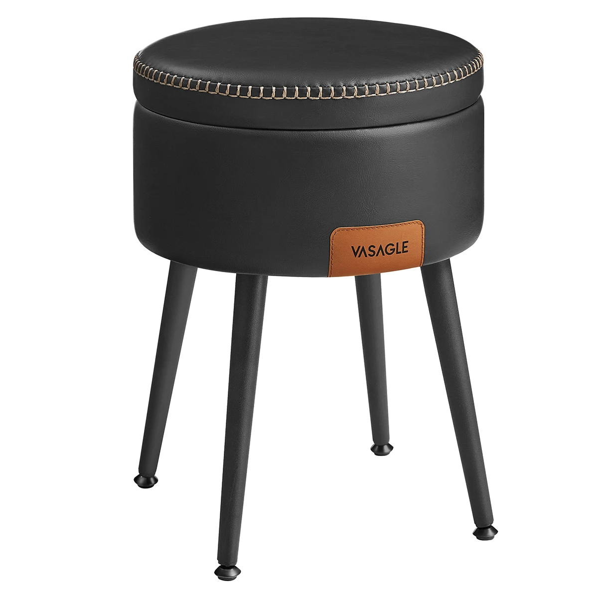 VASAGLE EKHO Collection - Storage Ottoman, Stylish Round Stool with Synthetic Leather Upholstery, Steel Legs, Comfortable 25D Foam, 9.4L Storage Capacity, Supports Up to 150kg, Available in Black, Forest Green, or Caramel Brown.