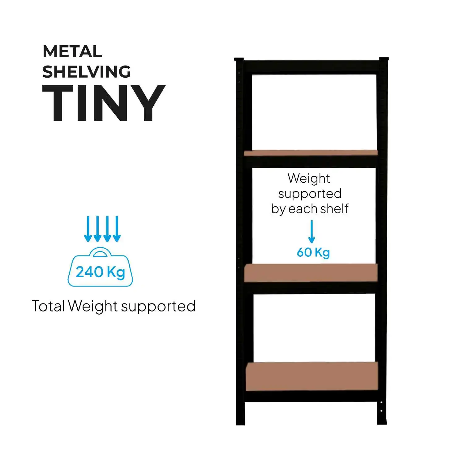 OioDual Metal Shelf Tiny Black, Shelf for Home, Storage Rack, Storage Rack, Furniture, Office, Divisible Storage Shelves, Screwless, 240kg, 4 shelves MDF, 150x60x30cm