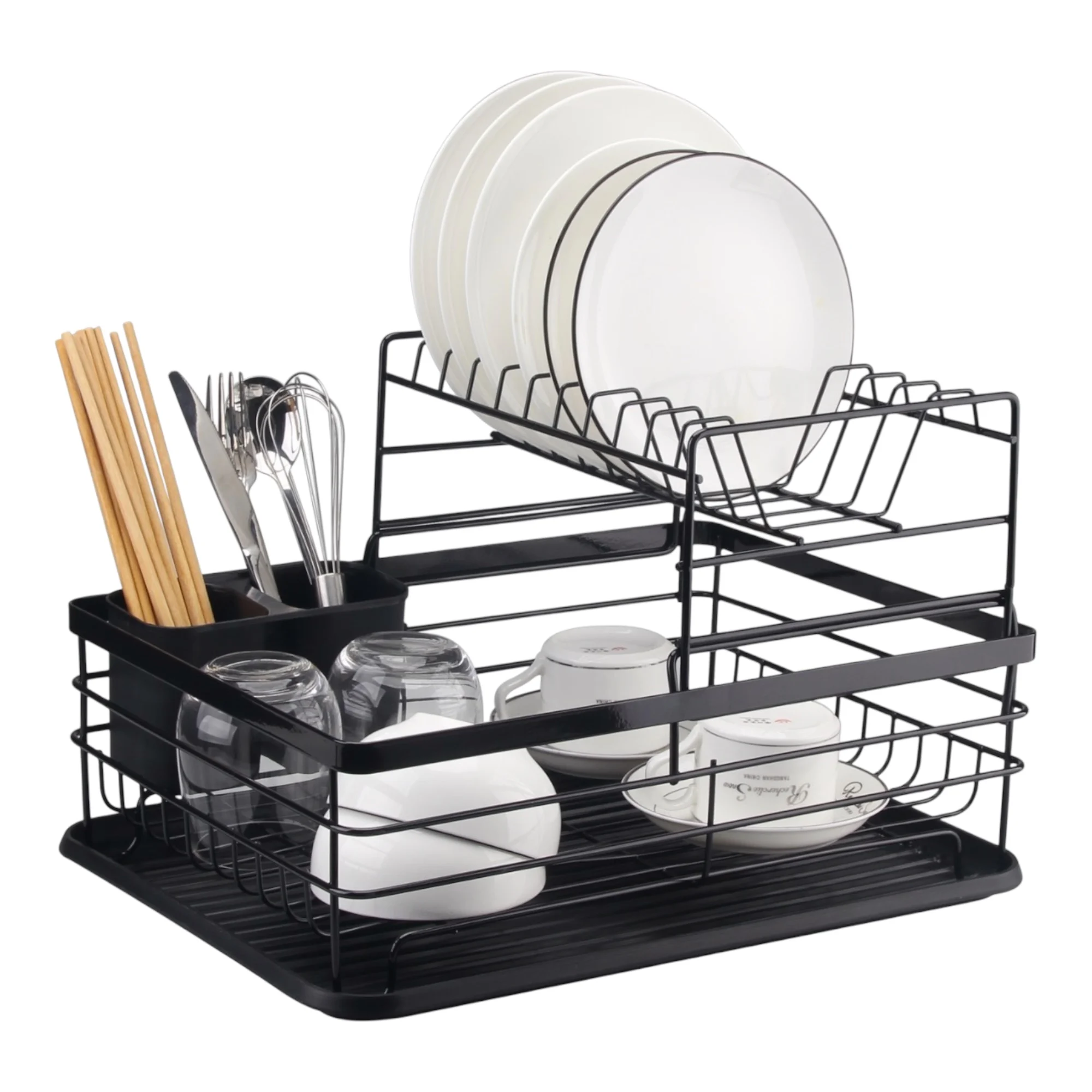Escurreplatos Grande con Bandeja - Escurridor de Plato de Cocina Doble O simple con cesto para Cubiertos - Cesta para secar Tazas Vasos ollas Copas Plato- Organizador metal de cocina Negro BS037 BS038