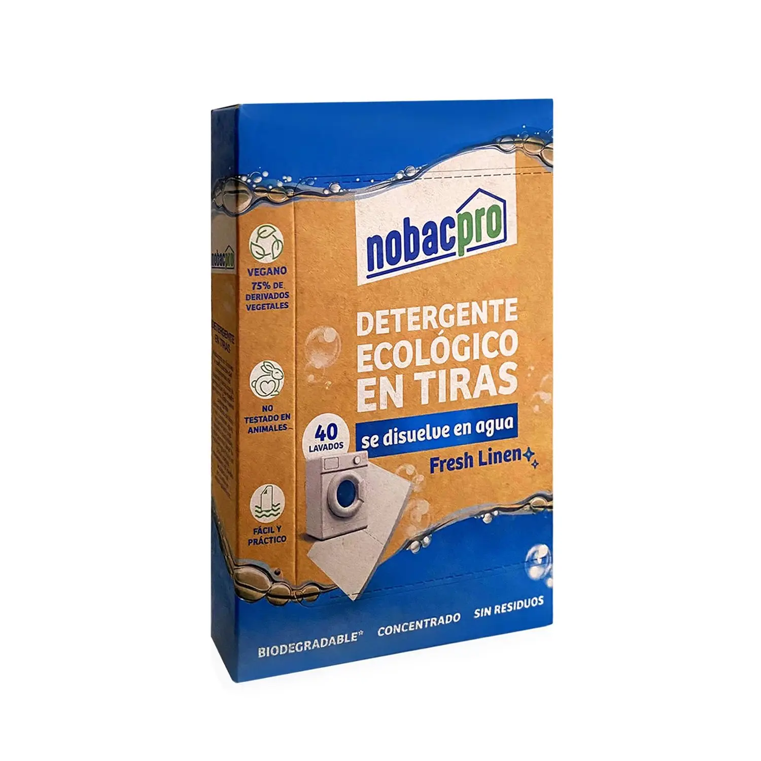 NobacPro - Detergente en Tiras para Lavadora | 40| 80 | 120 | 200 | 400 Lavados - 20 | 40 | 60| 100 | 200|  Tiras | Olor Fresh Linen | 100% Ecológico | Hipoalergénico y vegano | No contiene plásticos