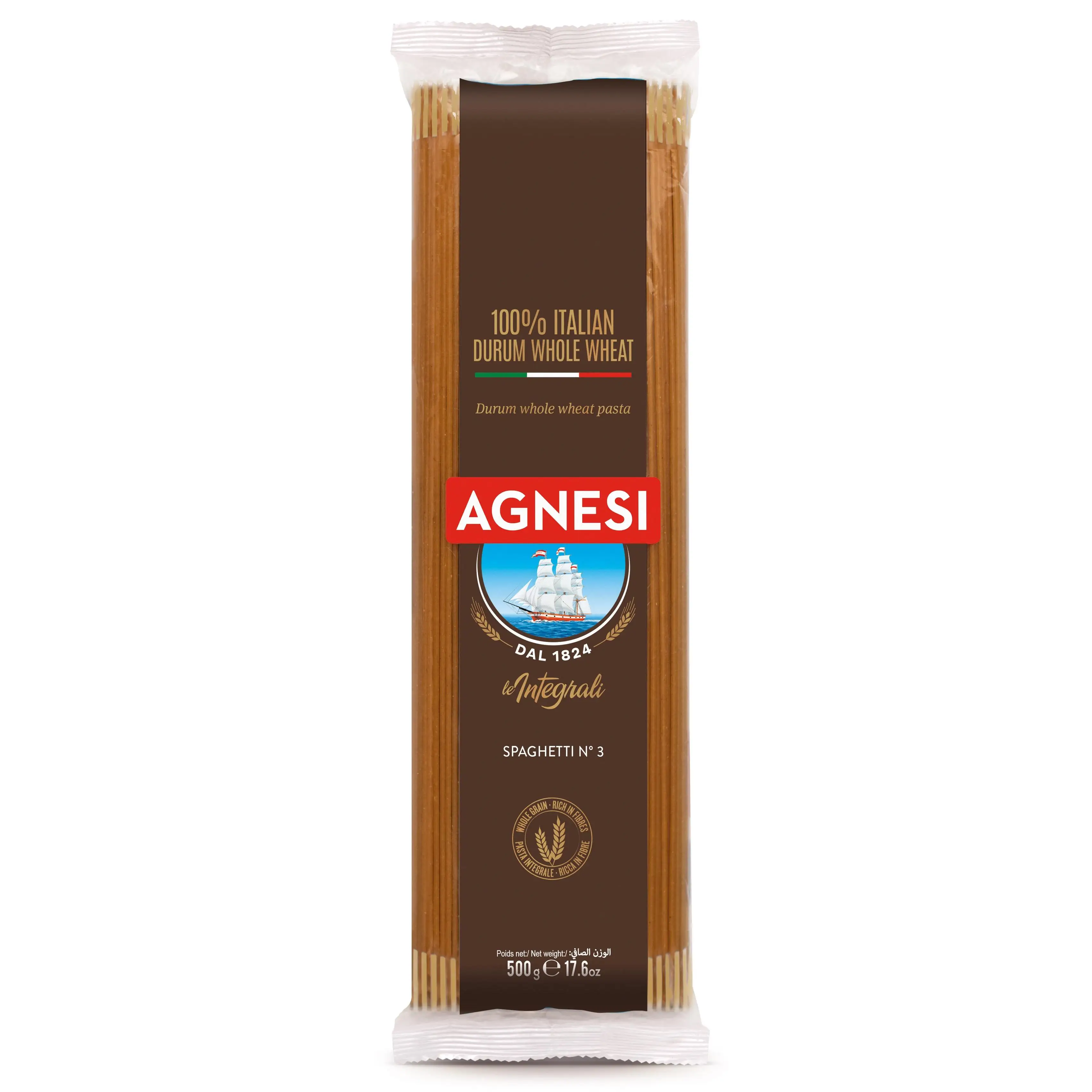 AGNESI Pasta, Spaghetti, Spaghetti Integrali, round, elongated shape, based on durum wheat semolina, cooking 9 minutes-500g