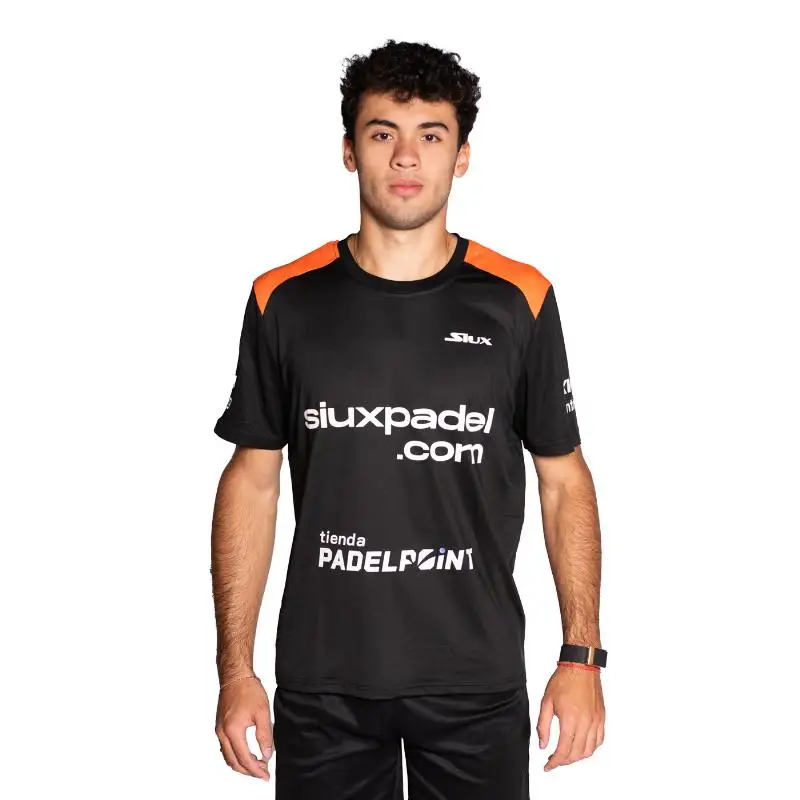 Siux Leo Augsburger Fenix Official T-shirt in Black and Orange, a men's padel t-shirt made from breathable, moisture-wicking fabric with an ergonomic cut for ultimate movement and high durability, designed for passionate padel players. #1