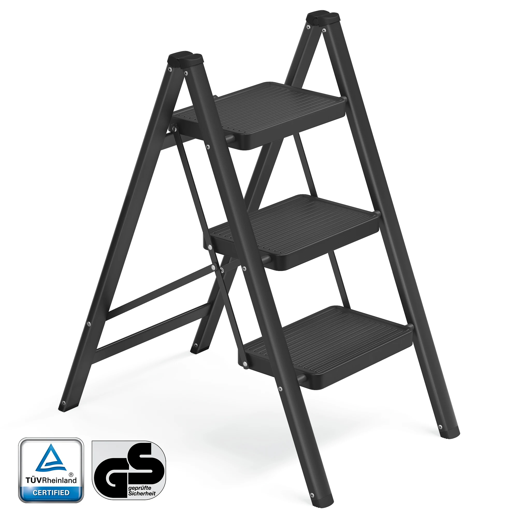 SONGMICS Escalera Plegable, Taburete Plegable de Acero, Escalera de 3 Peldaños, Carga hasta 150 kg, Fácil de Guardar, para Casa y Oficina, Negro, 73,5 x 43,4 x 85,5 cm
