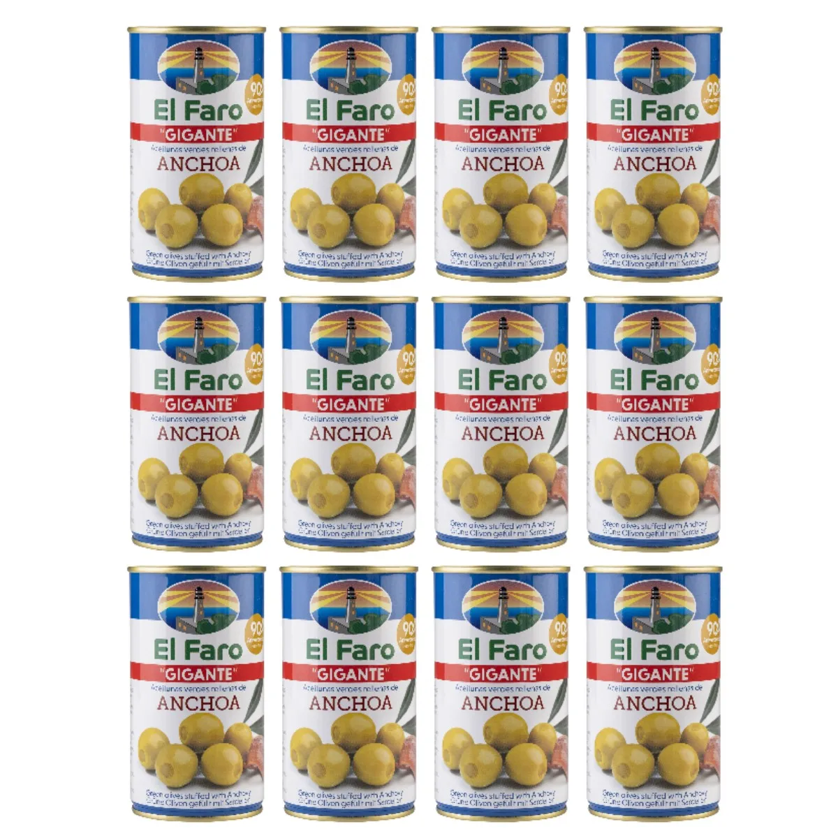 EL FARO Aceitunas Gigantes Rellenas de Anchoa Lata 150gr neto escurrido Pack 12