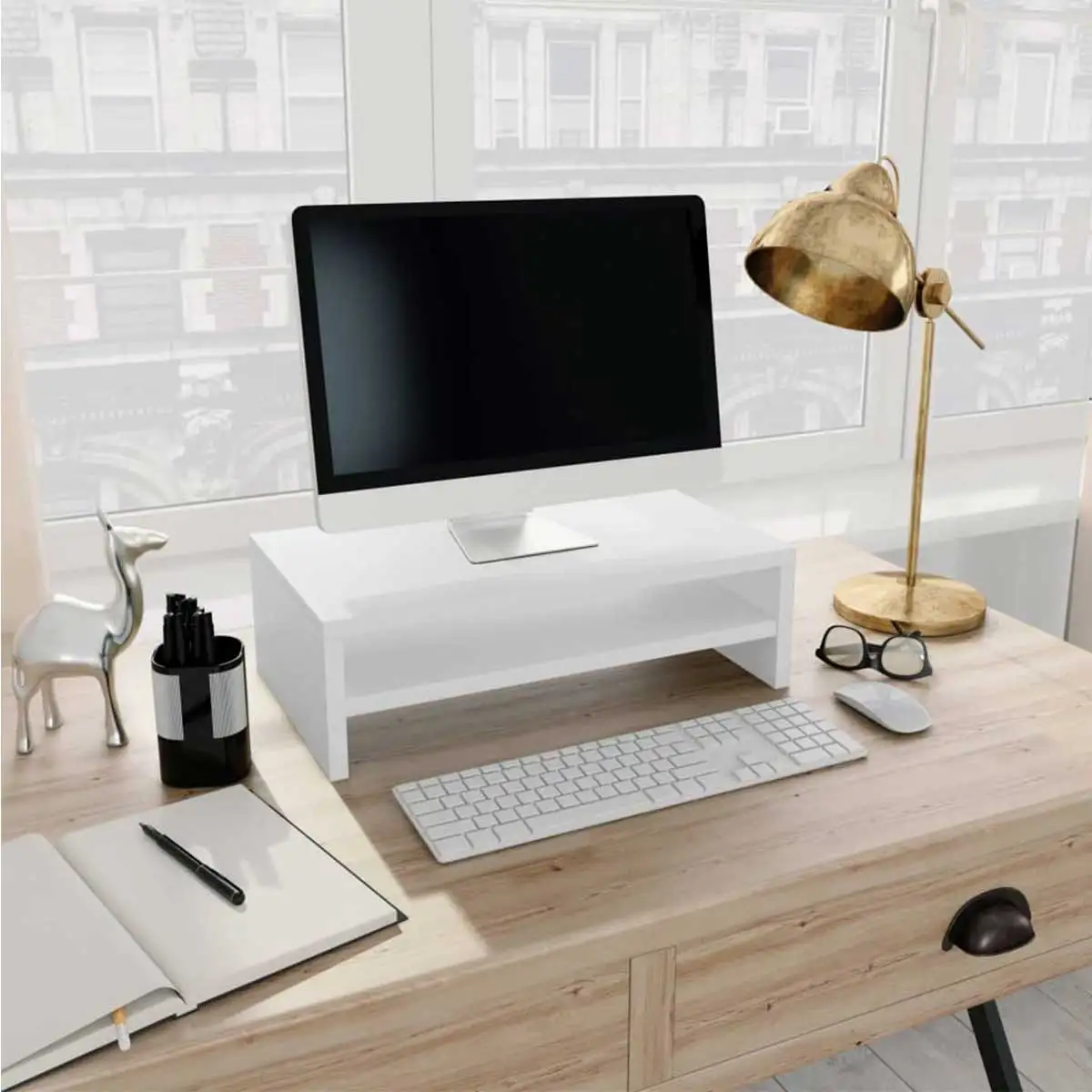 Soporte para pantalla de PC 1 estante madera blanco 13x42x24 cm