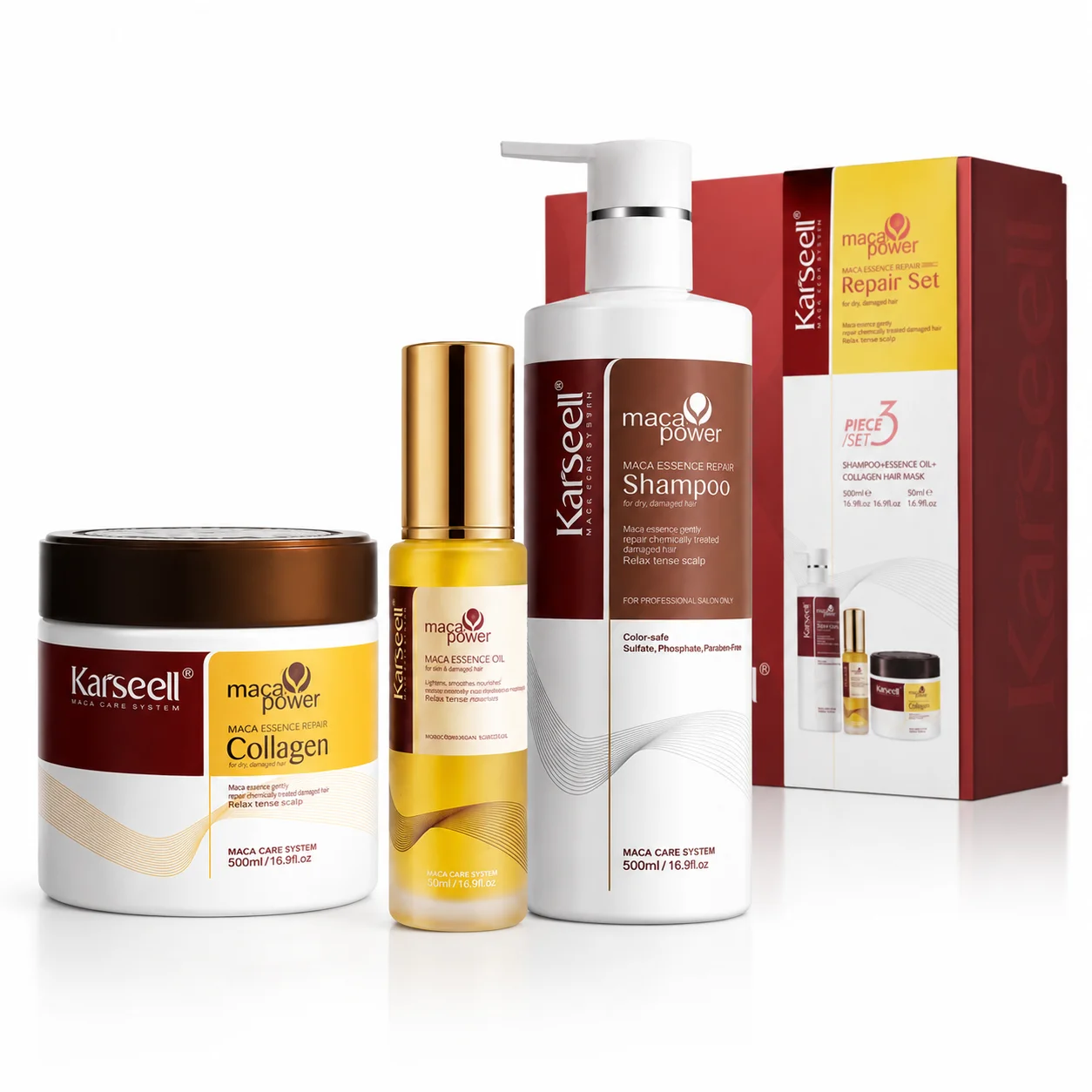 KARSEELL Pack Cuidado Capilar 1 Mascarilla Capilar 500ml + 1 Aceite de Argán 50ml + 1 Champú Hidratante 500ml Colágeno Aceite de Argán Esencia de Maca Reparación Capilar Cabello Seco y Dañado 500ml x2