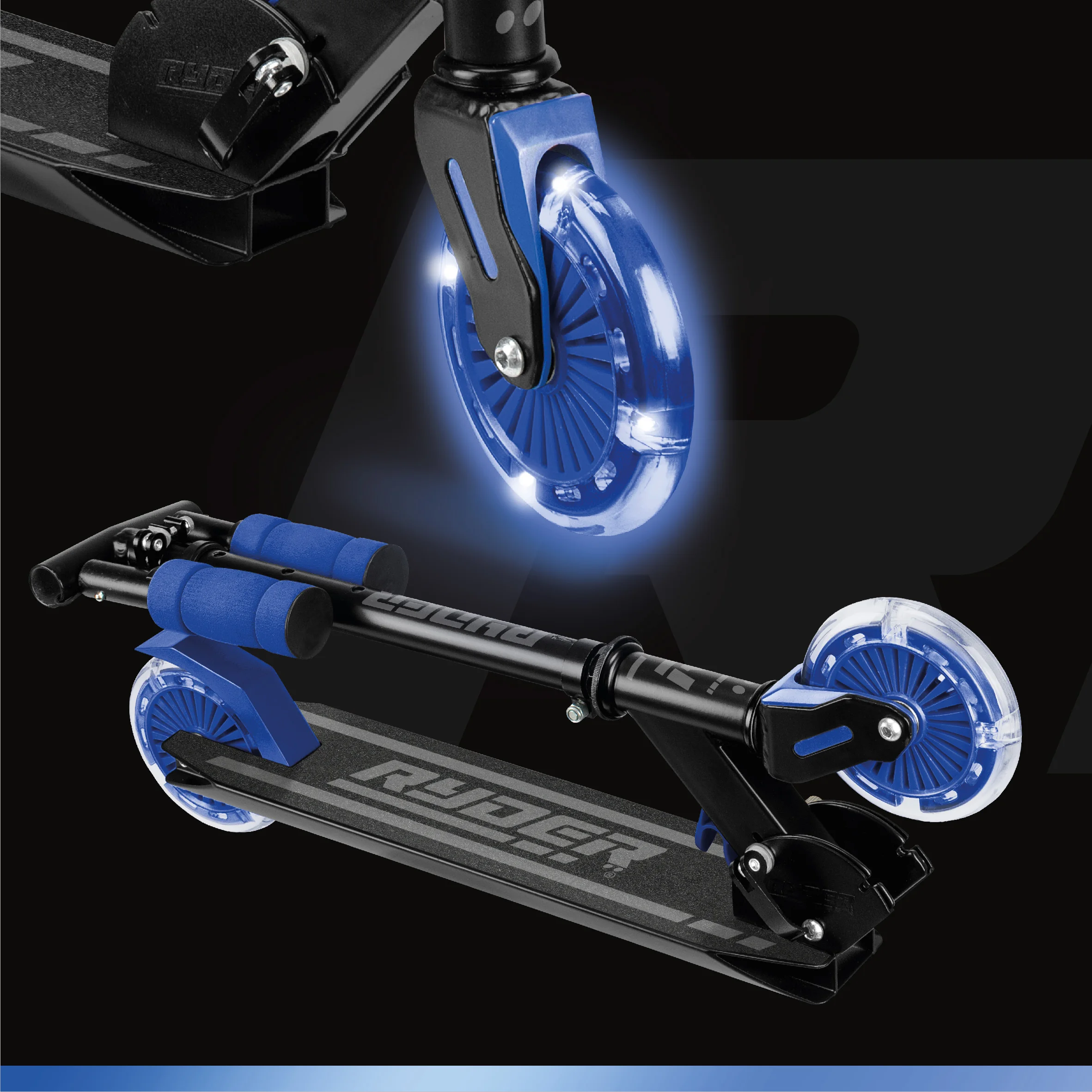 2 Wheel scooter with Light wheels Ryder Dark Led Light blue (3441). Design Scooter, light and resistant. Quality at a good price. From 3 years. According to the regulations CE.