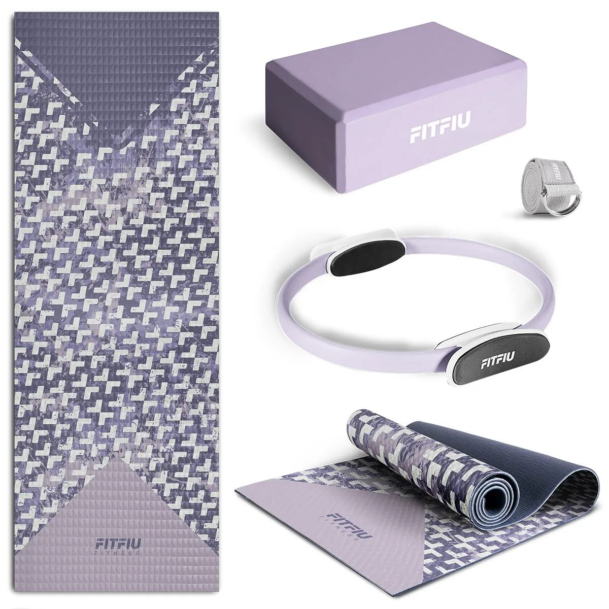 FITFIU Fitness KITWELL-400 - 4 Piece Yoga and Pilates Accessory Set with Mat, Block, Ring, and Strap in Purple, ideal for enhancing flexibility and reducing stress while practicing yoga or meditation.