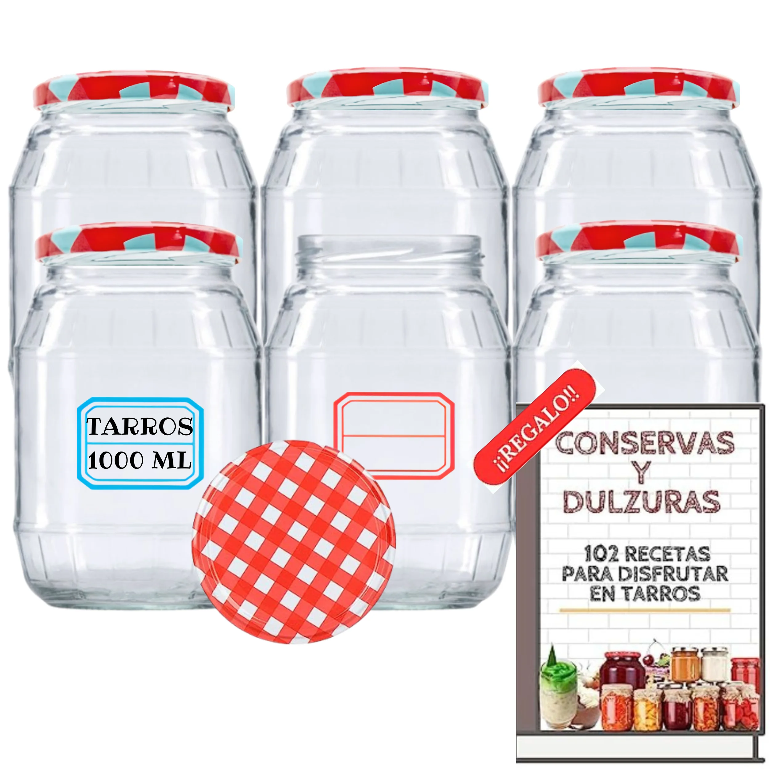 MundoTarros - Tarros de Cristal de 1000ml con Tapas + E-book con 102 Recetas para Conservas - Frascos de 1 Litro con Tapa de Rosca - Cierre Hermético para todo Tipo de Alimentos Caseros - Incluye