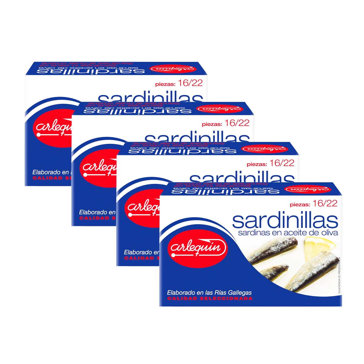 ARLEQUIN Sardinilla en Aceite de Oliva, Pack de 4 Latas de 120 grs. y 16/22 Unds (480 grs y 64/88 Unds)