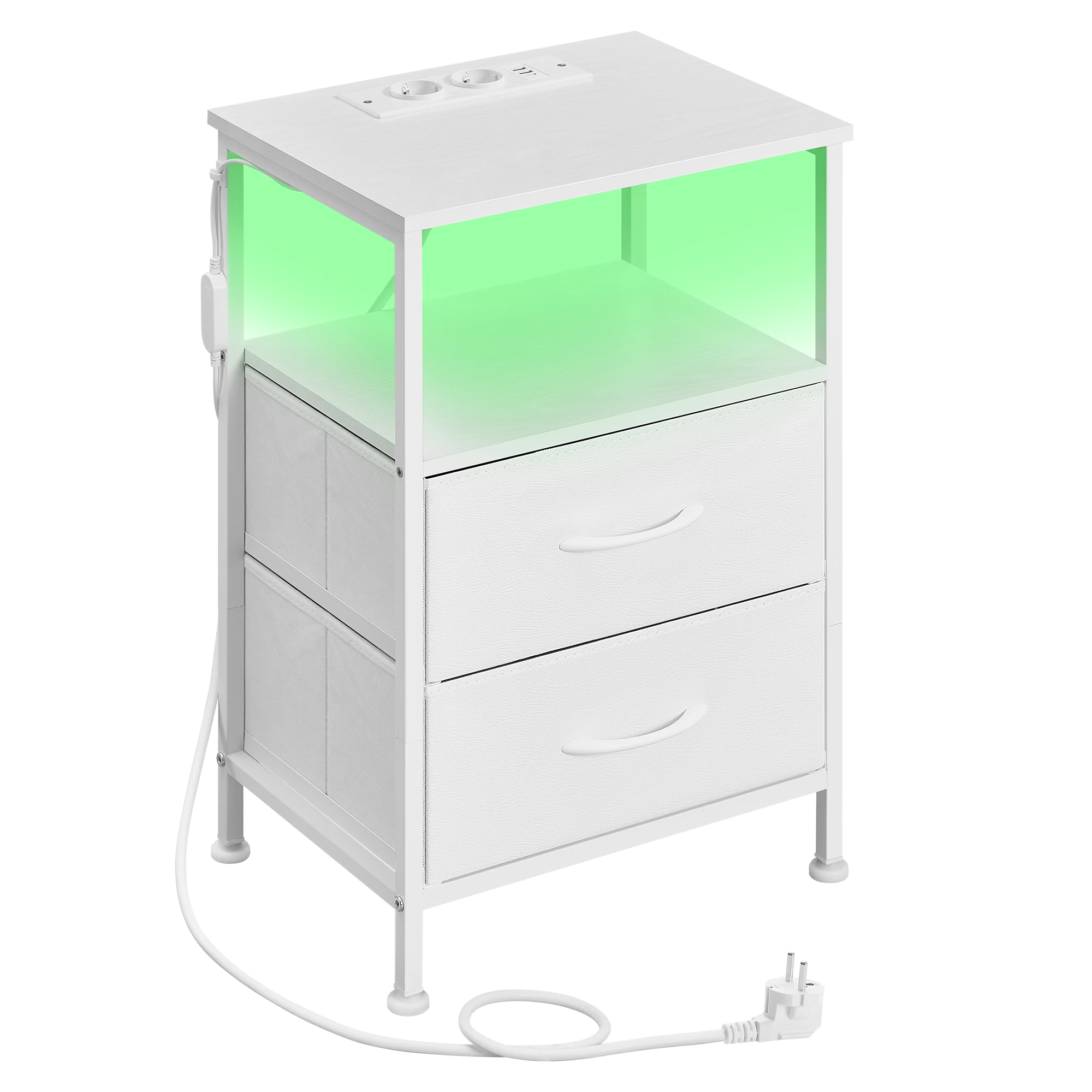 SONGMICS BELLAH Collection – Comodino con Stazione di Ricarica, Tavolino Laterale con Luce LED Regolabile Controllata via APP, 1 Ripiano e 2 Cassetti, Camera da Letto, Bianco Cloud e Bianco Neve