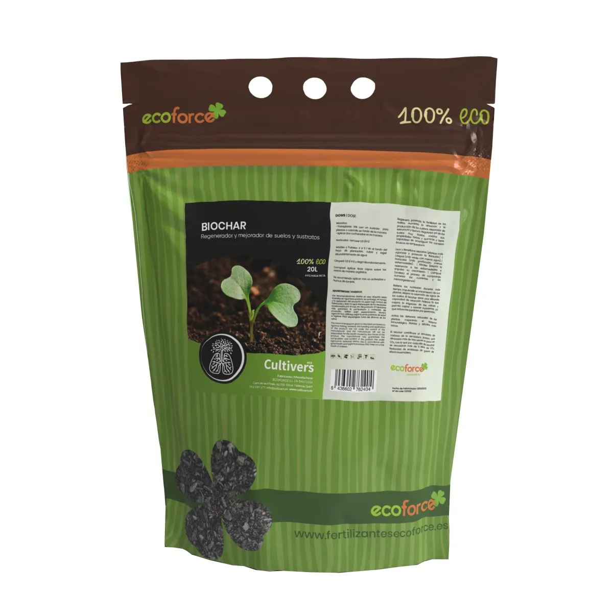 CULTIVERS Biochar 5 L (1kg) Carbón para Huerto, Césped, Compost y Plantas. Biocarbón Regenerador y Mejorador de suelo