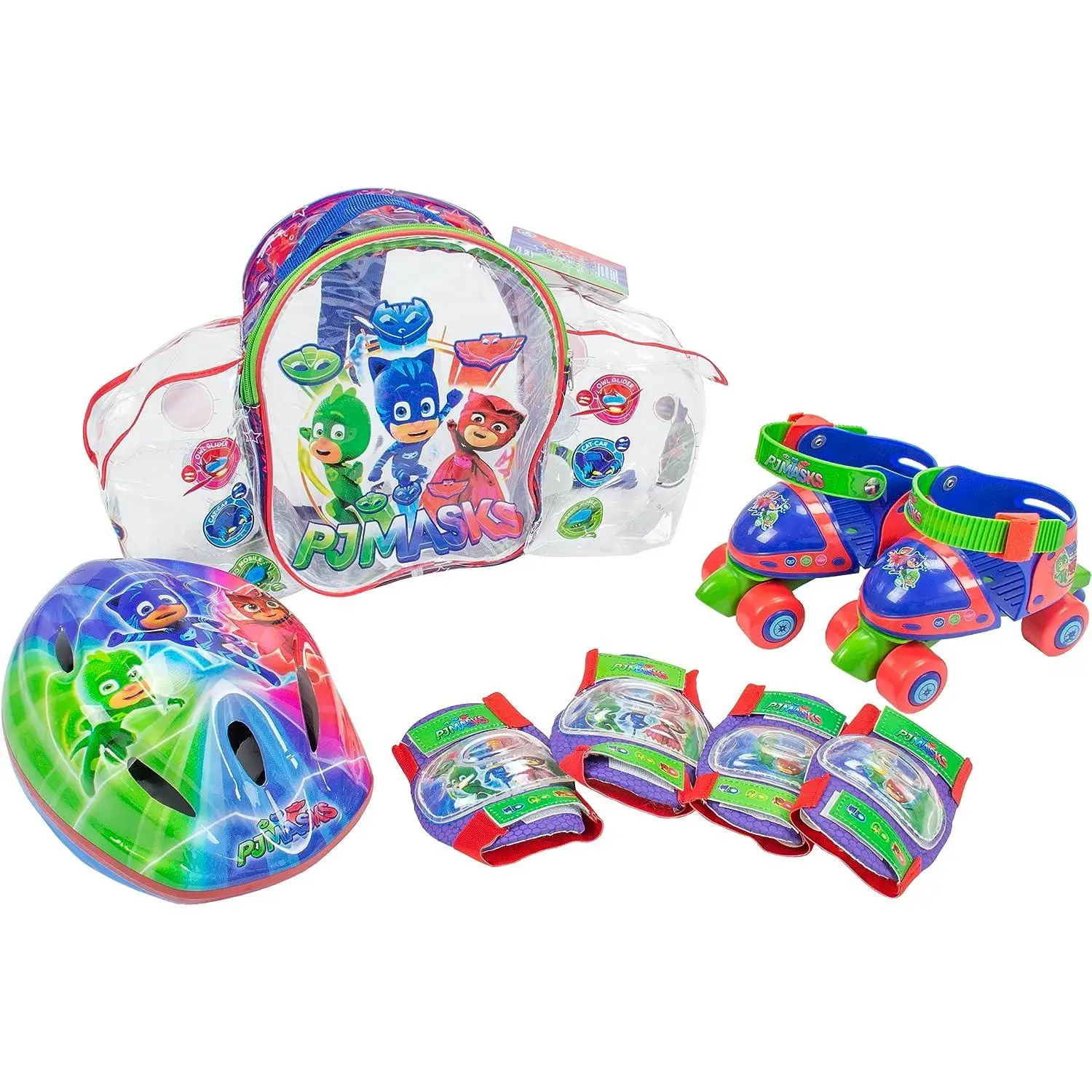 Mochila de Patines Infantiles mini Roller de 4 ruedas, Casco y Protecciones, con diseños exclusivos de Pj Masks (2939) Patines tallas ajustables 24-29. Compuesto por rodilleras y coderas. Set completo