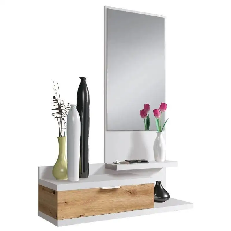 Miroytengo Recibidor Dalhia 1 espejo 1 cajón entrada color blanco Artik y roble Nodi estilo moderno mueble 116x81x29 cm
