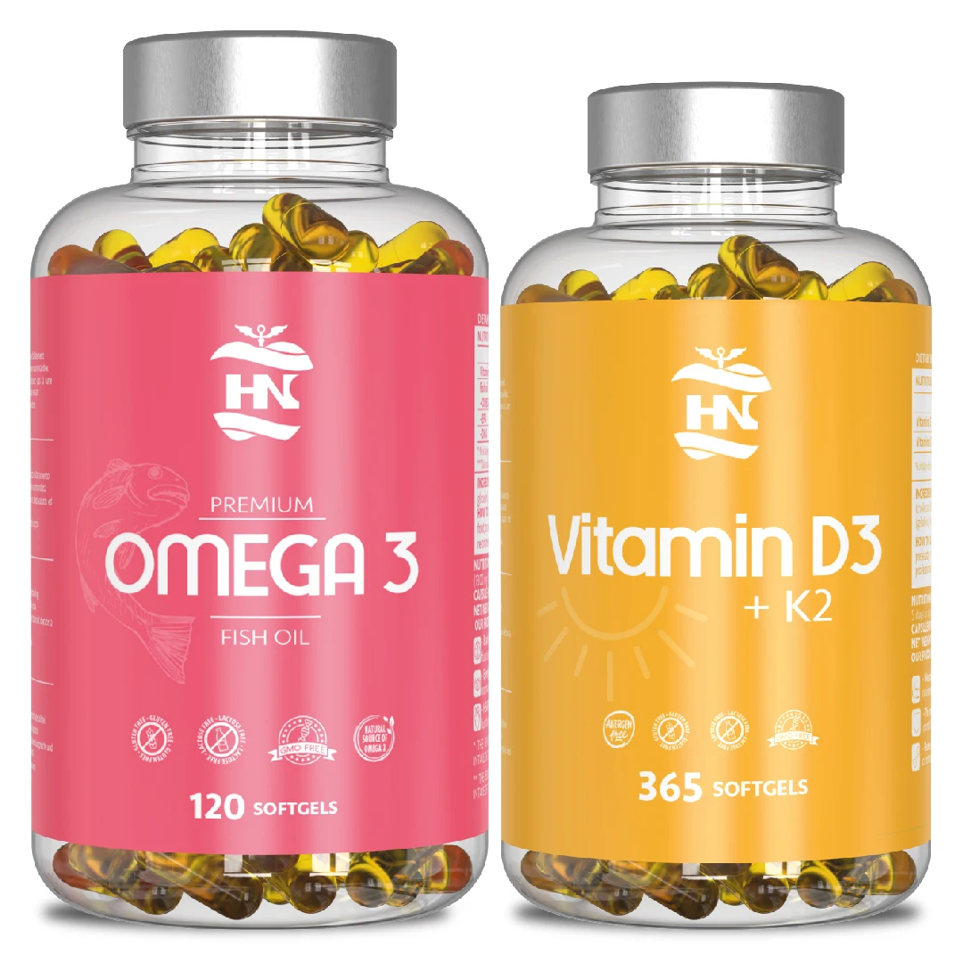 HN - Healthy Nutrition - Pack Omega 3 & Vitamin D3-Bone System-Omega 3 Capsules 2000 mg Fish Oil Base Omega3-120 White Pearls of Fatty Acids Omega 3 800mg EPA - 400mg DHA 1000mg - 365 Vitamin D3 K2 Capsules-Vitamin D (5000) #1