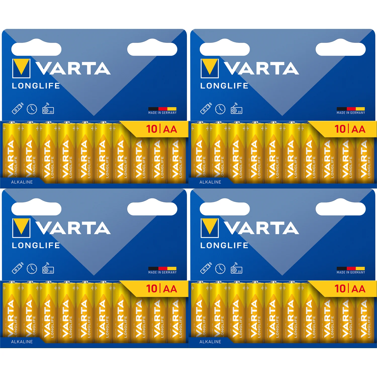 VARTA Pilas AA Alcalinas de Alto Rendimiento, VARTA Longlife, Ultra Larga Duración, Energía Continua, Ideal para Controles Remotos, Juguetes Electrónicos, Linternas, Lámparas, Relojes, Cámaras y Otros