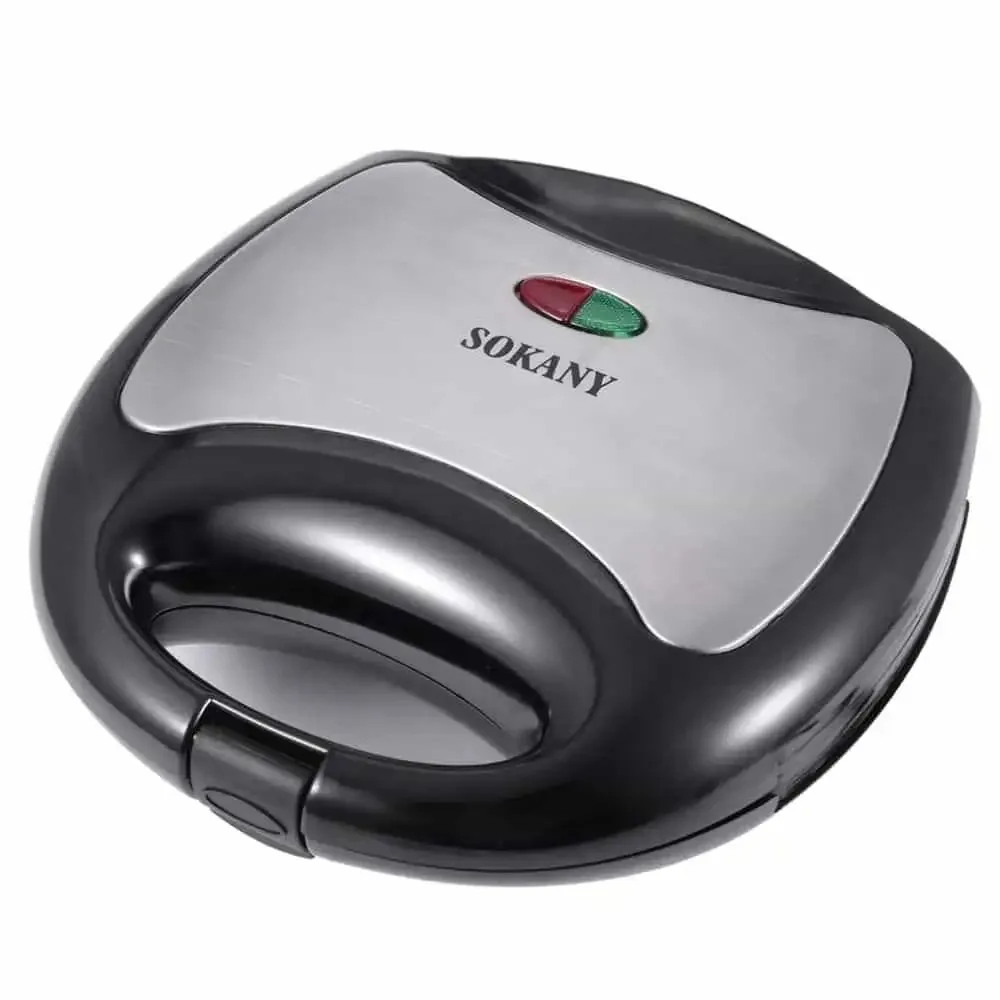 750w electric sandwich maker, toaster and grill, non-stick coating, triangular-shaped plates, led indicator, cool touch handle. Sokany