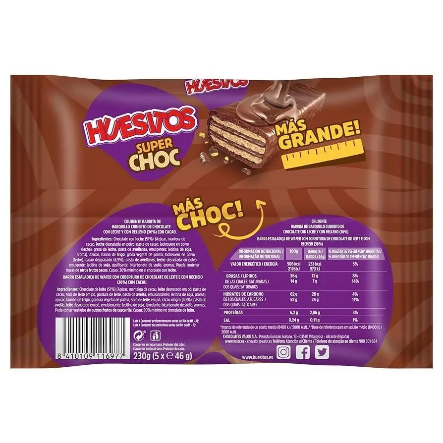 Huesitos super choc crunchy wafer bar covered in milk chocolate and cocoa filling - 5 packs of 5 units
