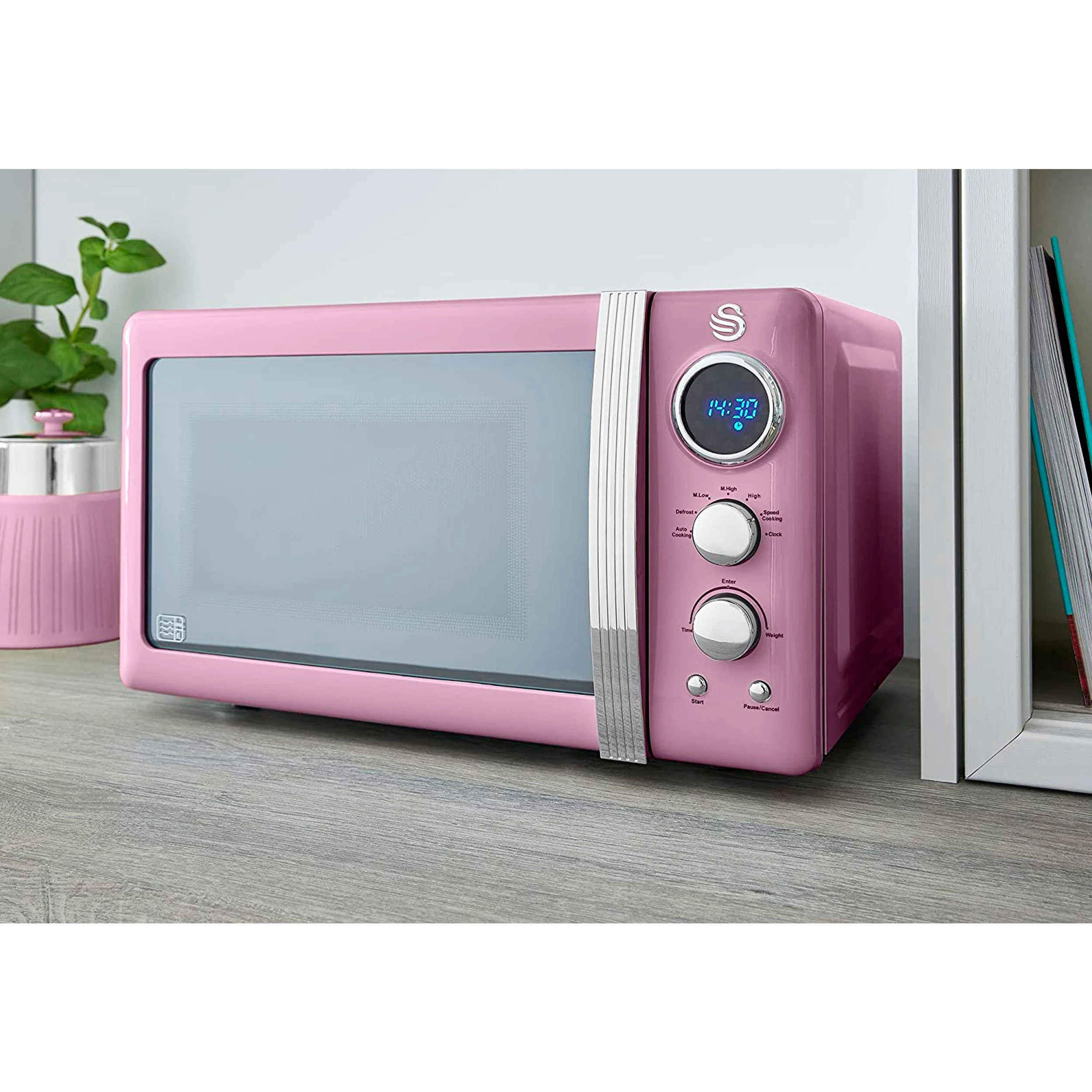 Swan sm22030lpneu retro digital microwave 20l, 5 power levels, defrosting function timer 60 min, 800w, pink