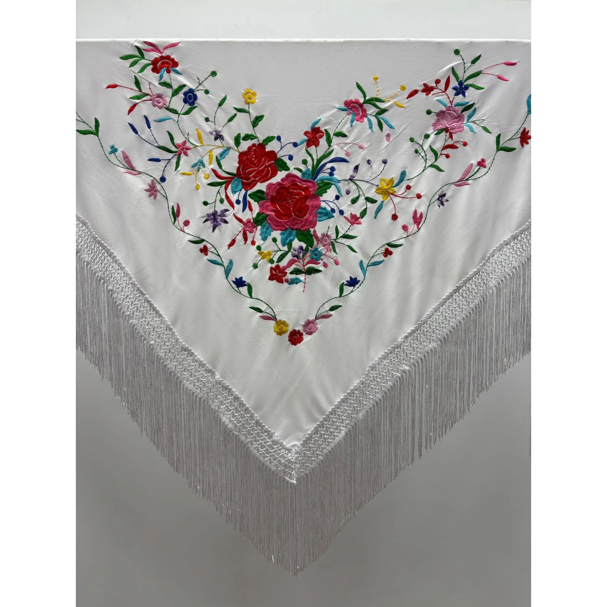 Mantón Flamenco blanco Bordado Multicolor – Mantoncillo Sevillana con Flecos Largos, Ideal Feria, Flamenca y Baile