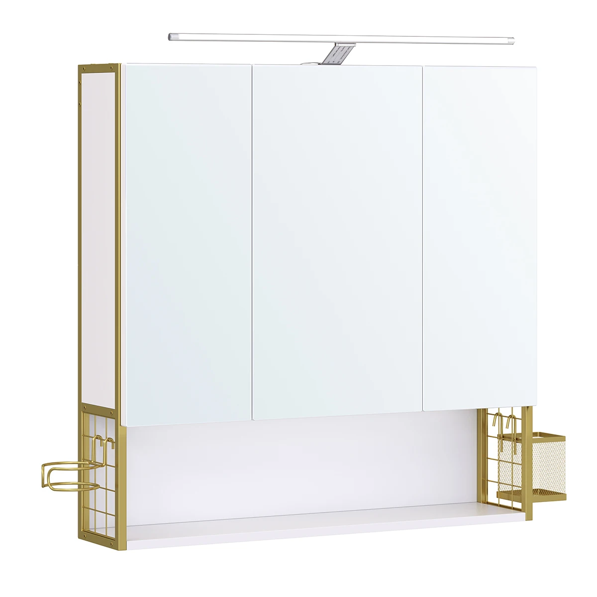 VASAGLE Armario de Baño con Espejo 3 Puertas, Mueble de Pared con Espejo, Enchufe, Cesta Colgante, Soporte para Secador de Pelo, para Baño, Lavabo/