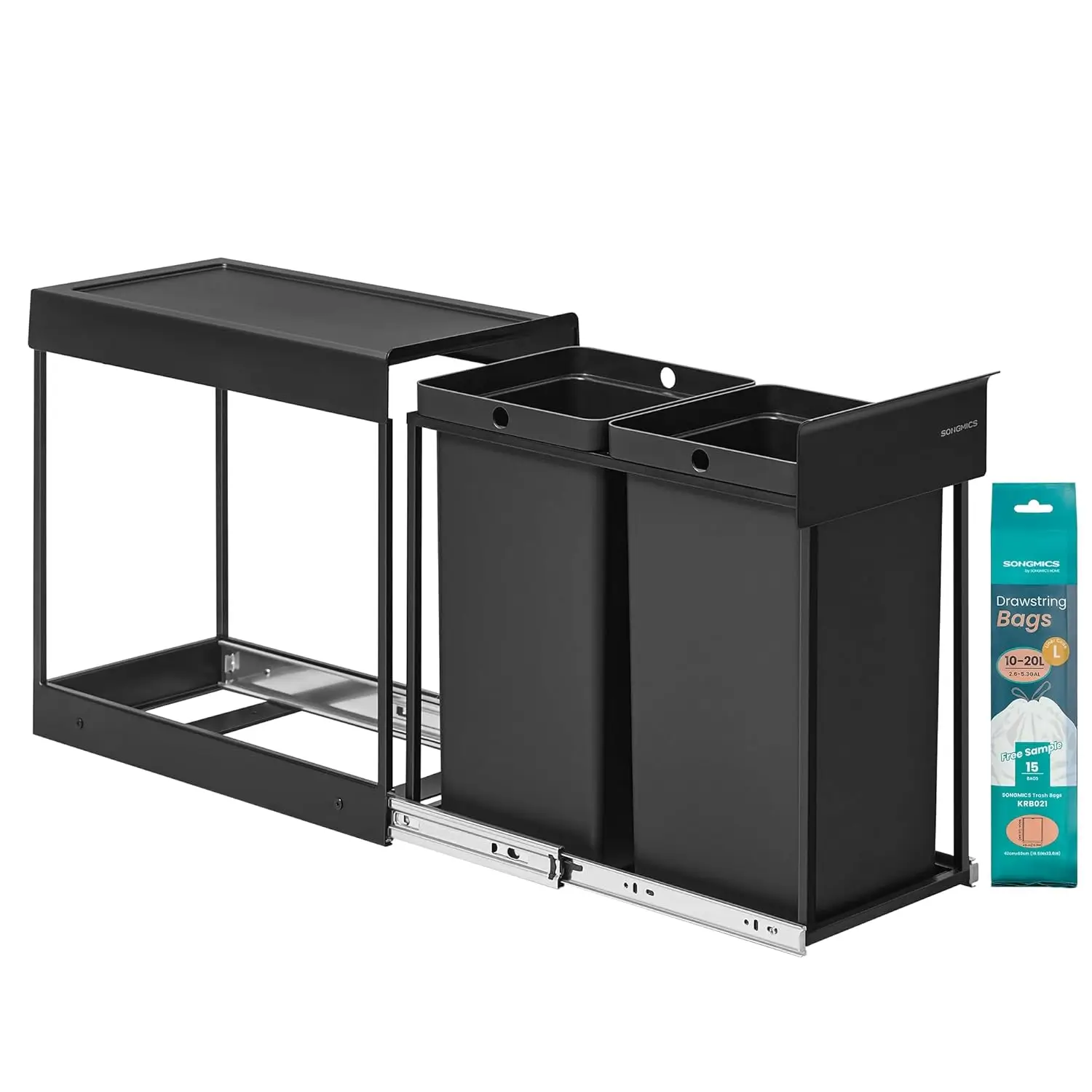 SONGMICS Papelera de Cocina para Reciclaje y Residuos, Cubo de Basura para Armario, 2 x 15 L Compartimentos Dobles, Extraíble, Estructura de Acero, Tapa ABS, Negro Tinta