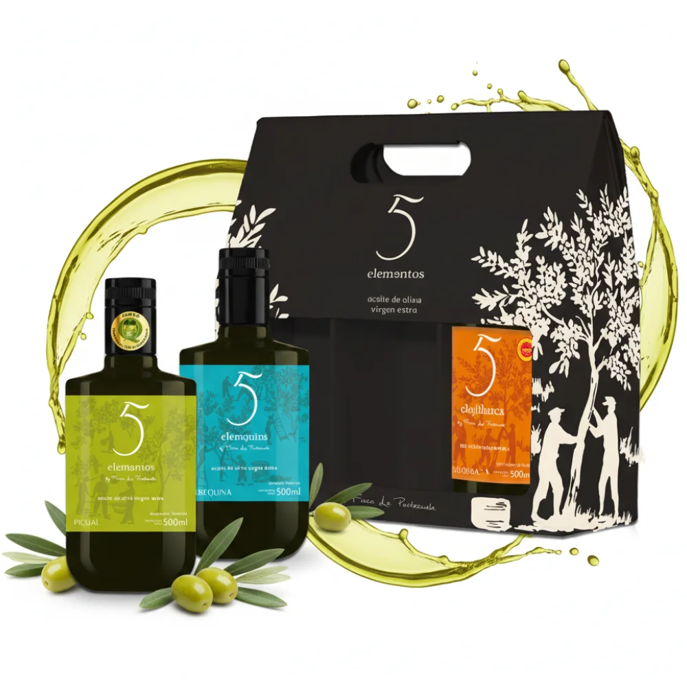 5 Elementos - Estuche Aceite de Oliva Virgen Extra Cornicabra, Arbequina y Picual 3x500 ml | Selección Gourmet de Variedades Premium