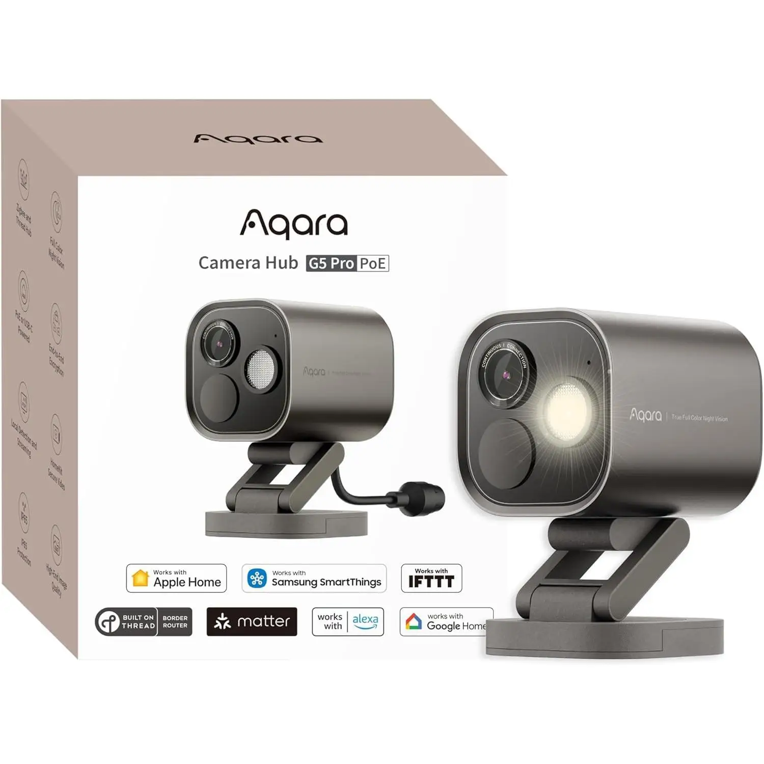 Aqara Camera Hub G5 Pro PoE Cámara de seguridad versión global: 2.6K Ultra HD con detección de IA, visión nocturna a todo color, video seguro HomeKit, IP65 resistente a la intemperie y soporte