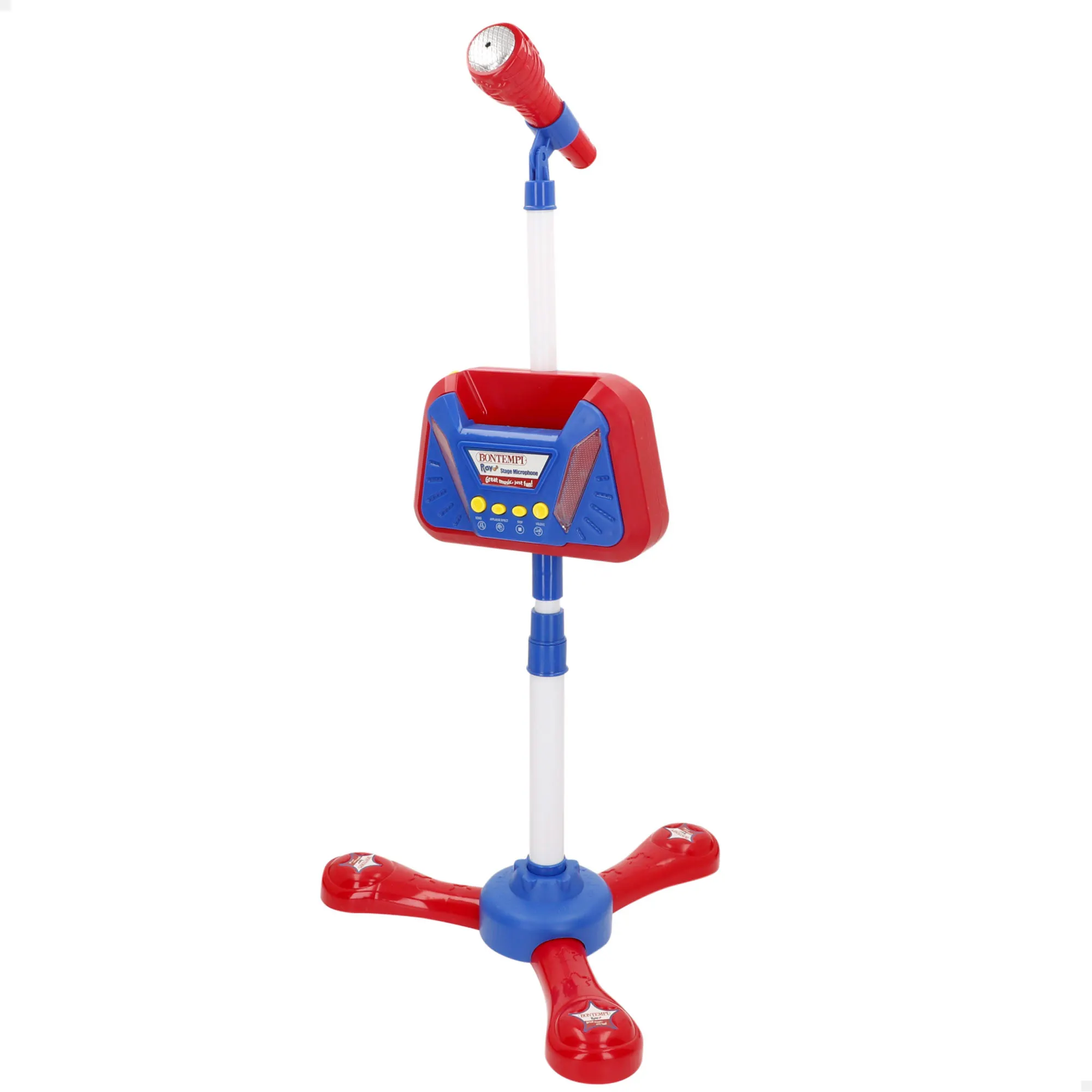 Bontempi - Micrófono de escenario inalámbrico, 37x80-105 cm, regulable en altura, con efectos luminosos y aplausos, 5 canciones pregrabadas, con soporte para móvil, 3 pilas AA no incluidas, juguete