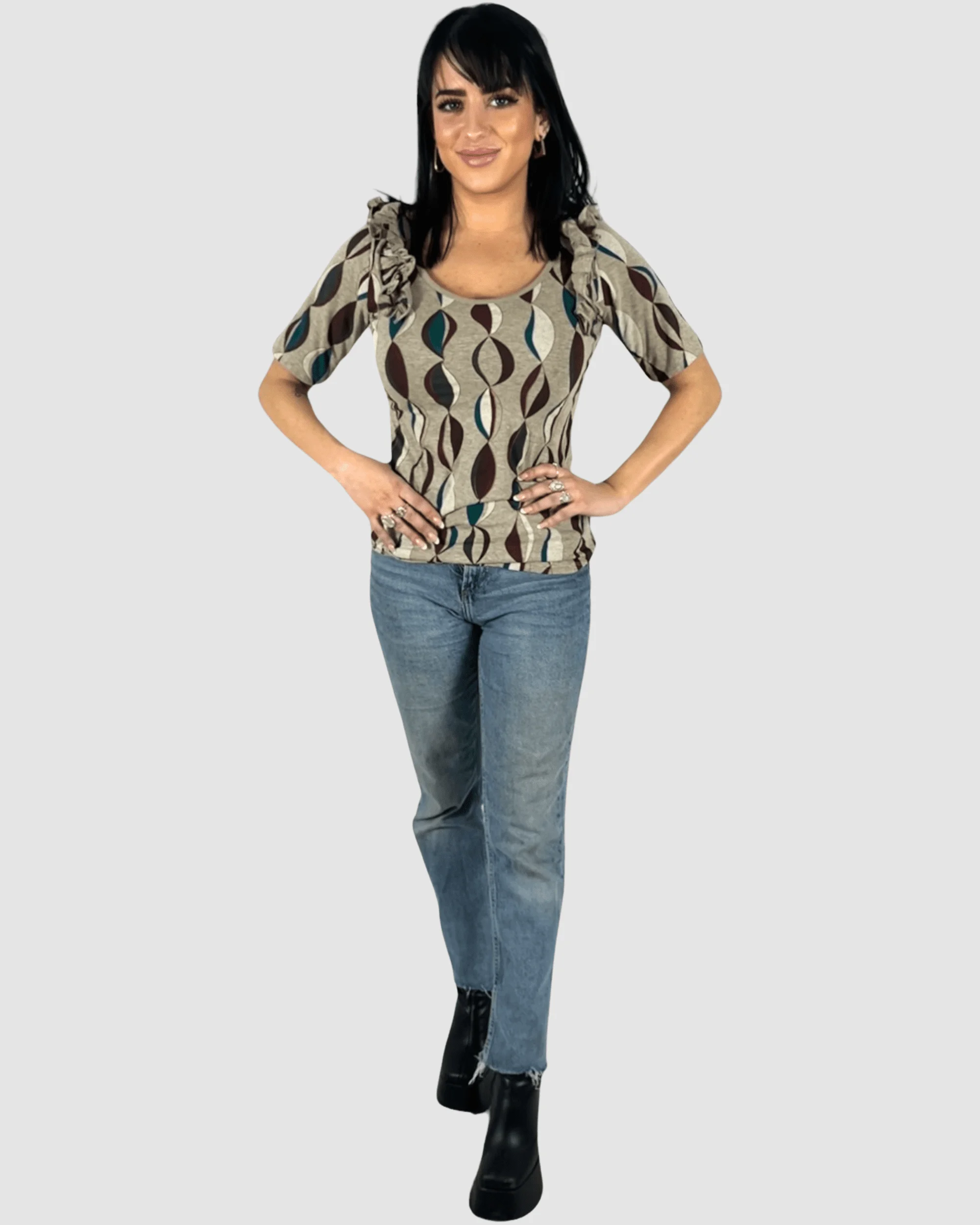 Blusa mujer manga corta volantes escote cuadrado blusa top estampado retro geométrico tejido suave ajuste favorecedor estilo moderno beige talla XS elegante casual ✅Entrega 24/48h