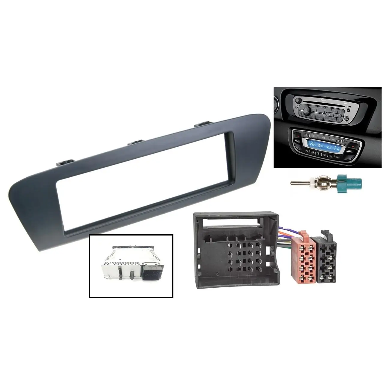 1Din Renault Scenic & Grand Scenic black or brown Radio frame kit with fakra quadlock iso connections and fakra antenna adapter