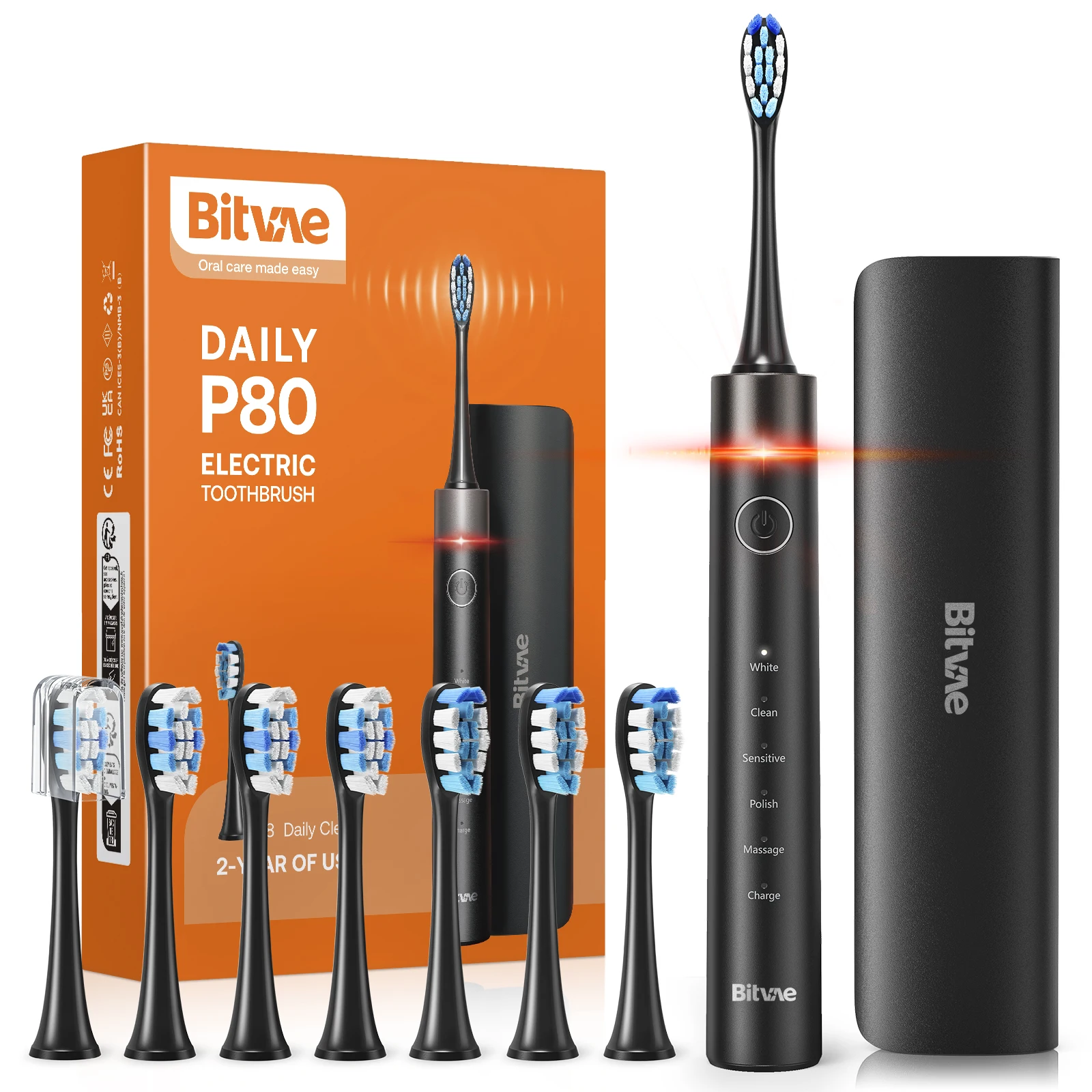 Bitva Daily P80 rechargeable sonic electric tooth brush with 8 spare heads, 5 modes, and travel case, waterproof