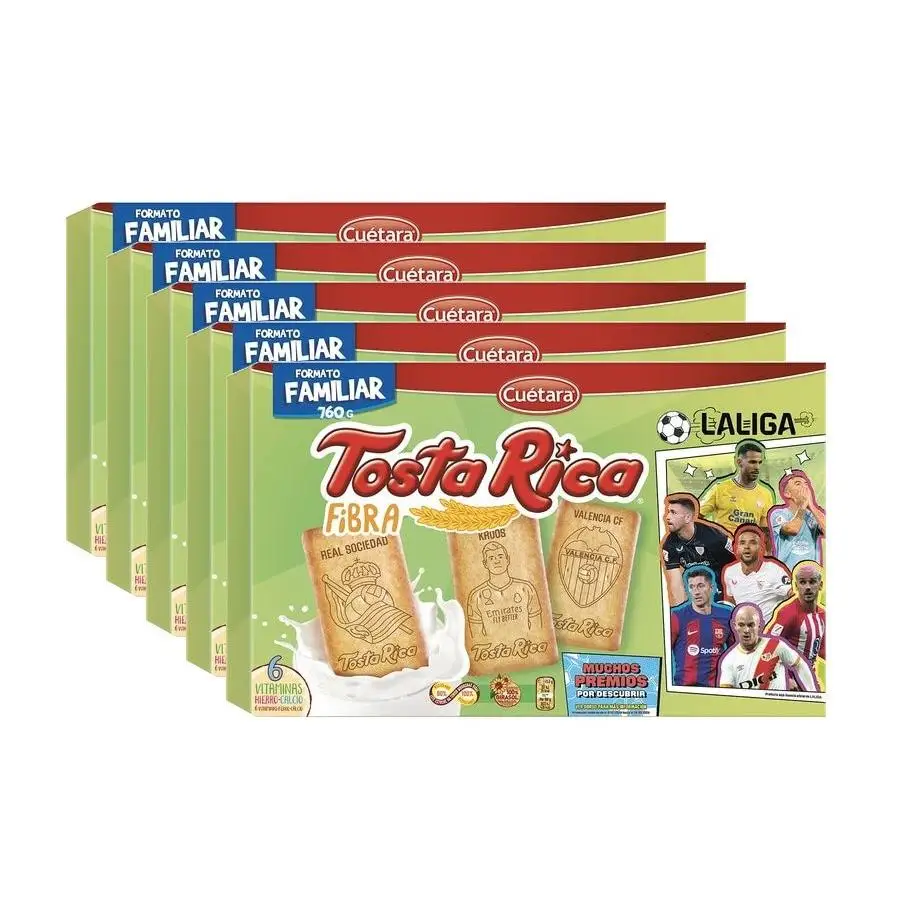 PACK de 5 CUÉTARA TOSTA RICA Fibra galletas con vitaminas hierro calcio y cereales formato ahorro caja 760 g