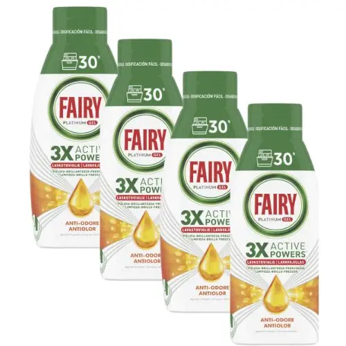 Fairy Platinum Gel - Detergente para Lavavajillas automático - Antiolor  - PACK AHORRO:  4x600ml - Total 120 lavados.
