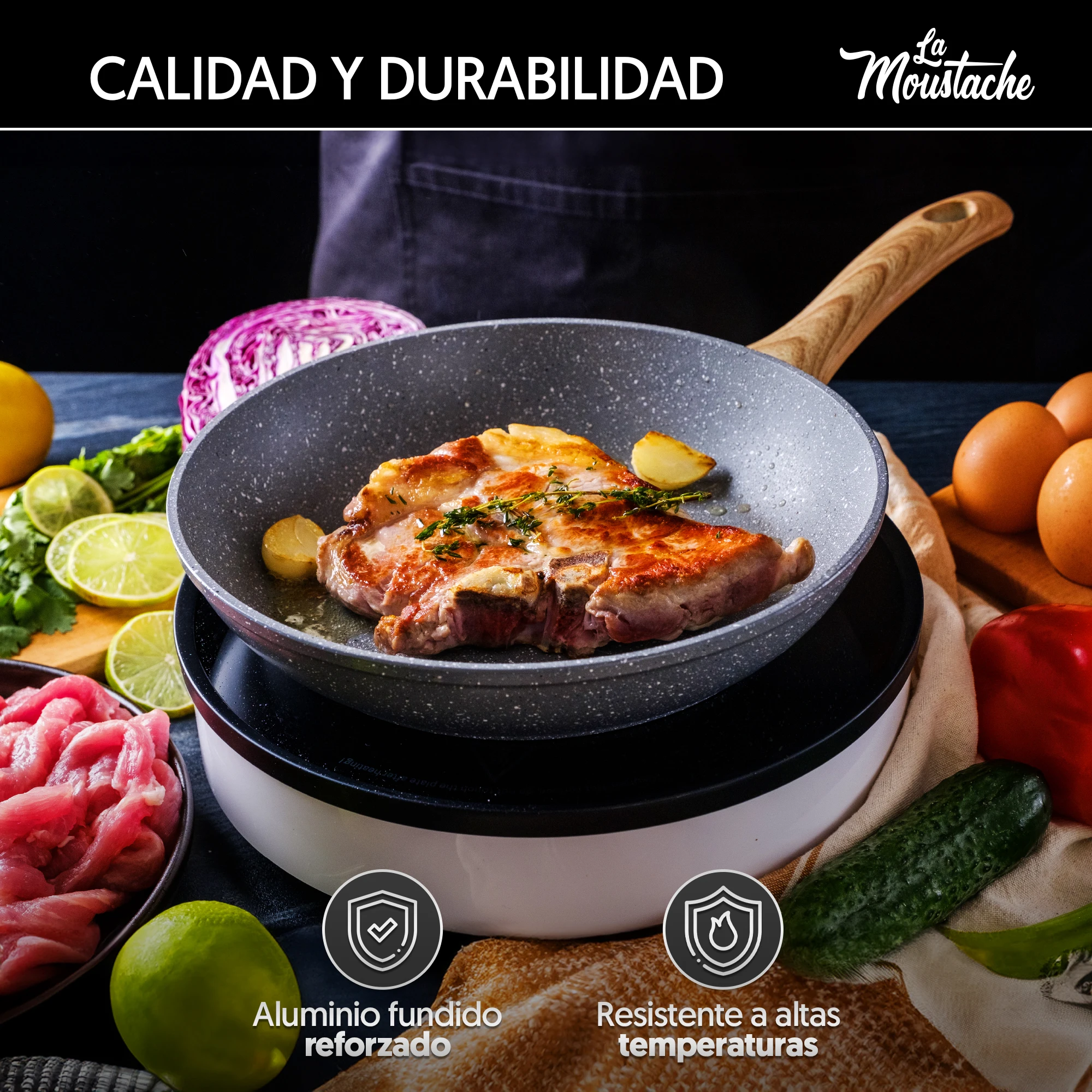 La Moustache Quilmes Cast Aluminum Frying Pan with Non-Stick Titanium Coating, All Types of Cookers, Pfoa Free