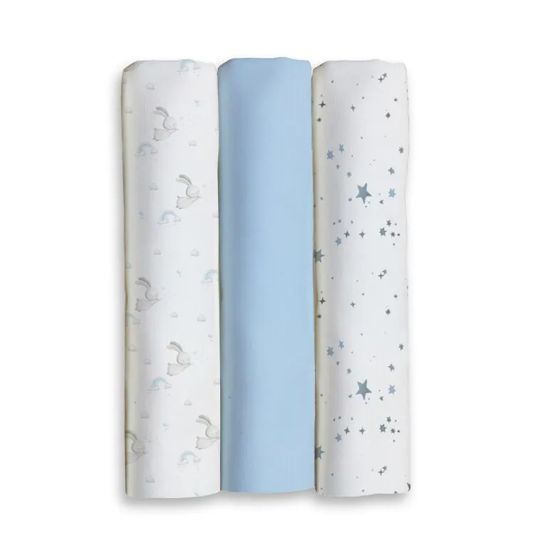 Pack 3 gasas / muselinas bebé Interbaby 80x80 – 100% algodón, suaves y transpirables, diseño azul con estrellas y conejitos