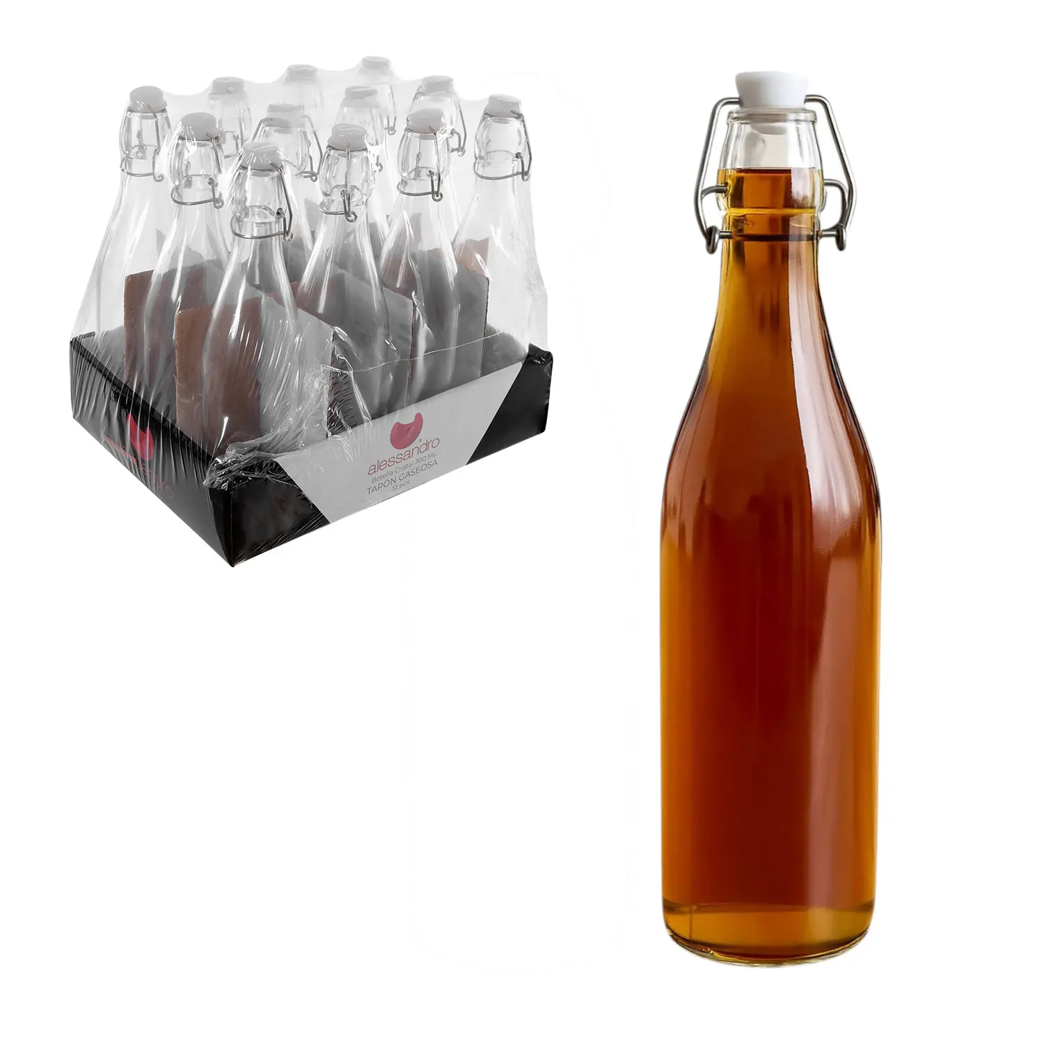 Botella de Cristal con Tapón Tipo Gaseosa. Pack 6, 12, 24 o 48 Botellas de Cristal para Agua u otro tipo de Bebidas. Perfecta para Hostelería, Bar, Restaurantes, Cafeterías, Hoteles, Comercios,