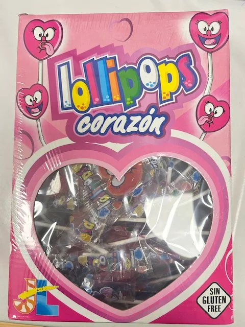 PIRULETAS CORAZON CEREZA CAJA 110 UNDS SIN GLUTEN JUAN LÓPEZ