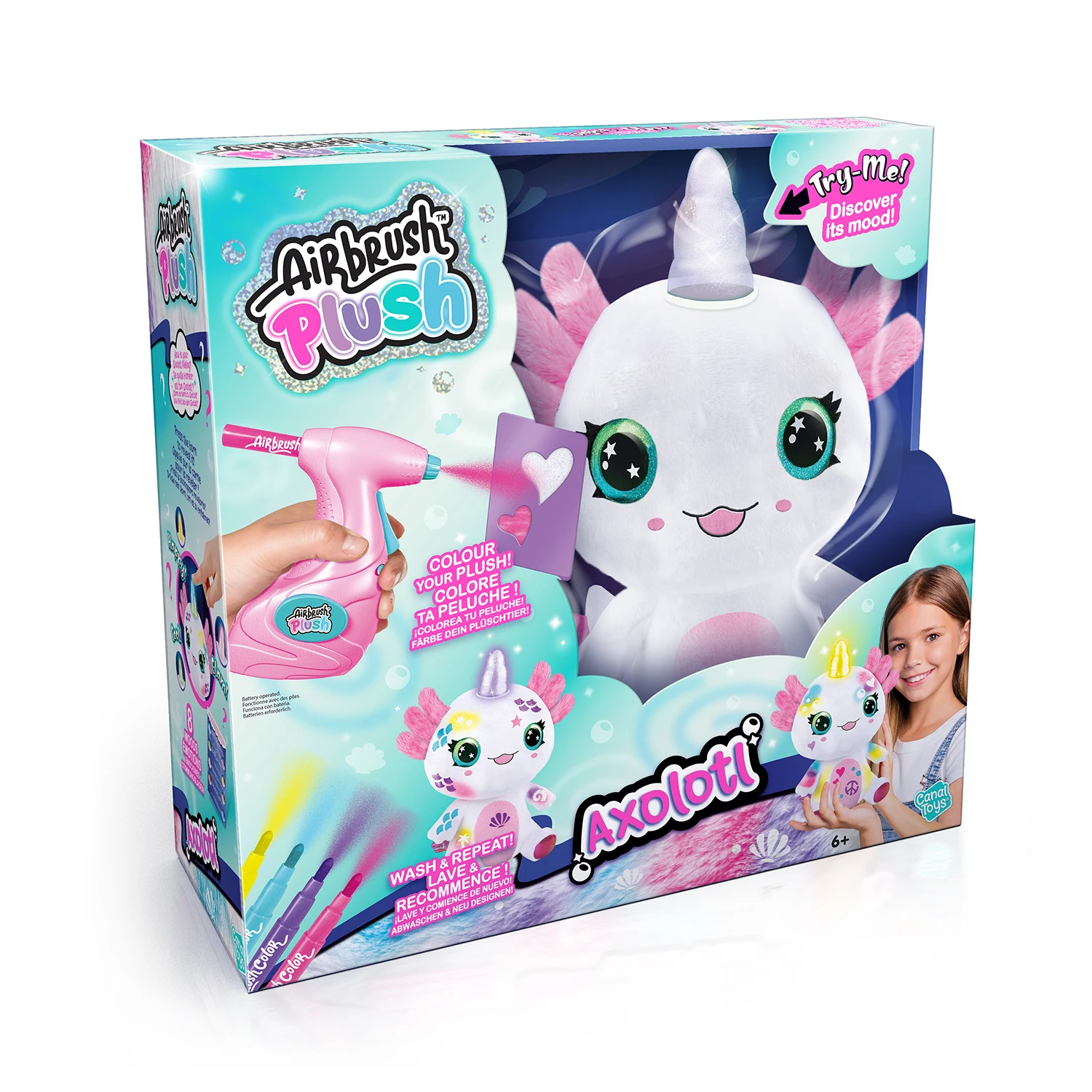 Peluche Ajolote con cuerno luminoso - Colorea tu mascota - Airbrush Plush - Canal Toys - AIR049
