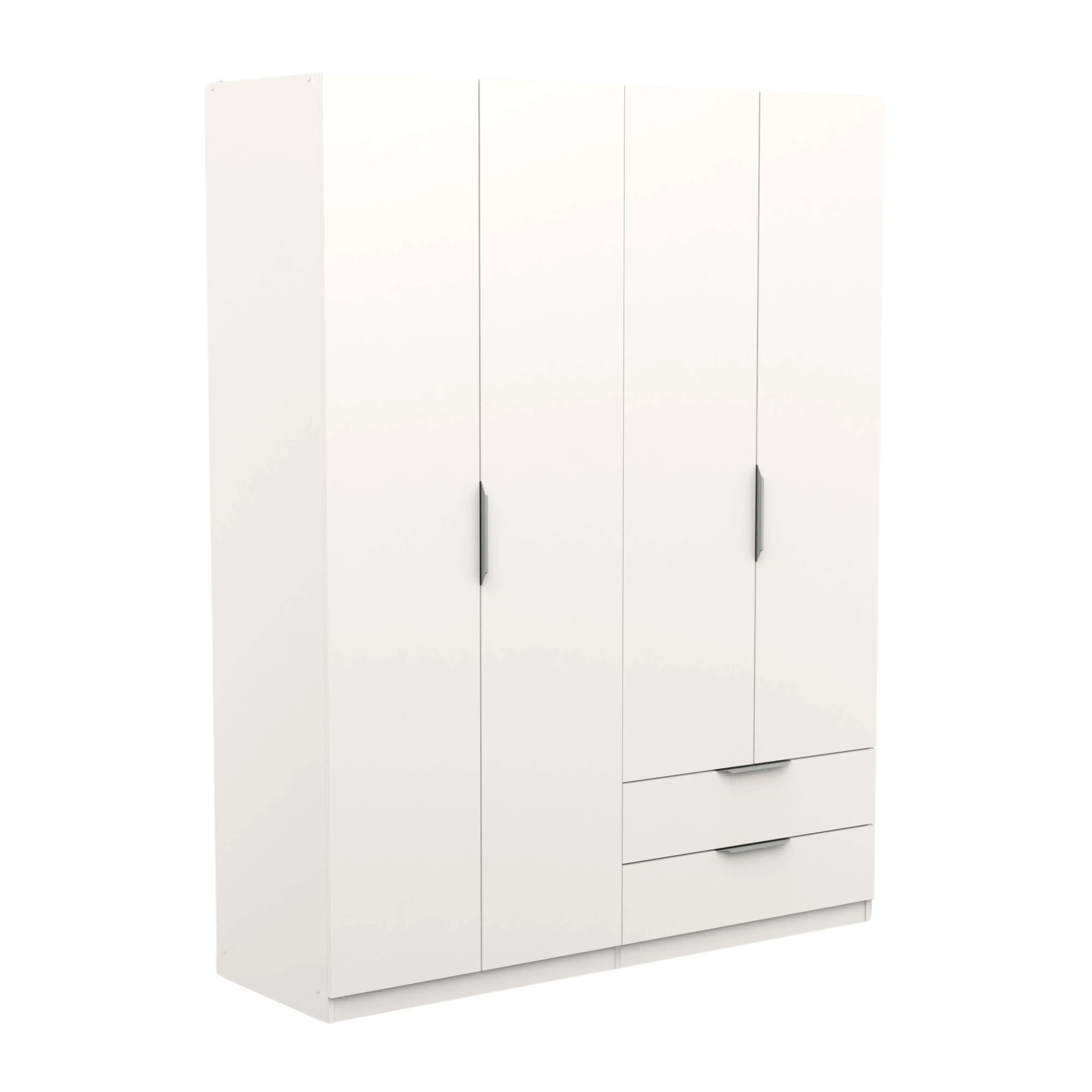 Ghost Bedroom Closet in White with Two Doors, made of durable melamine, features a hanging rail and top shelf for optimal organization. Ideal storage solution for modern homes.